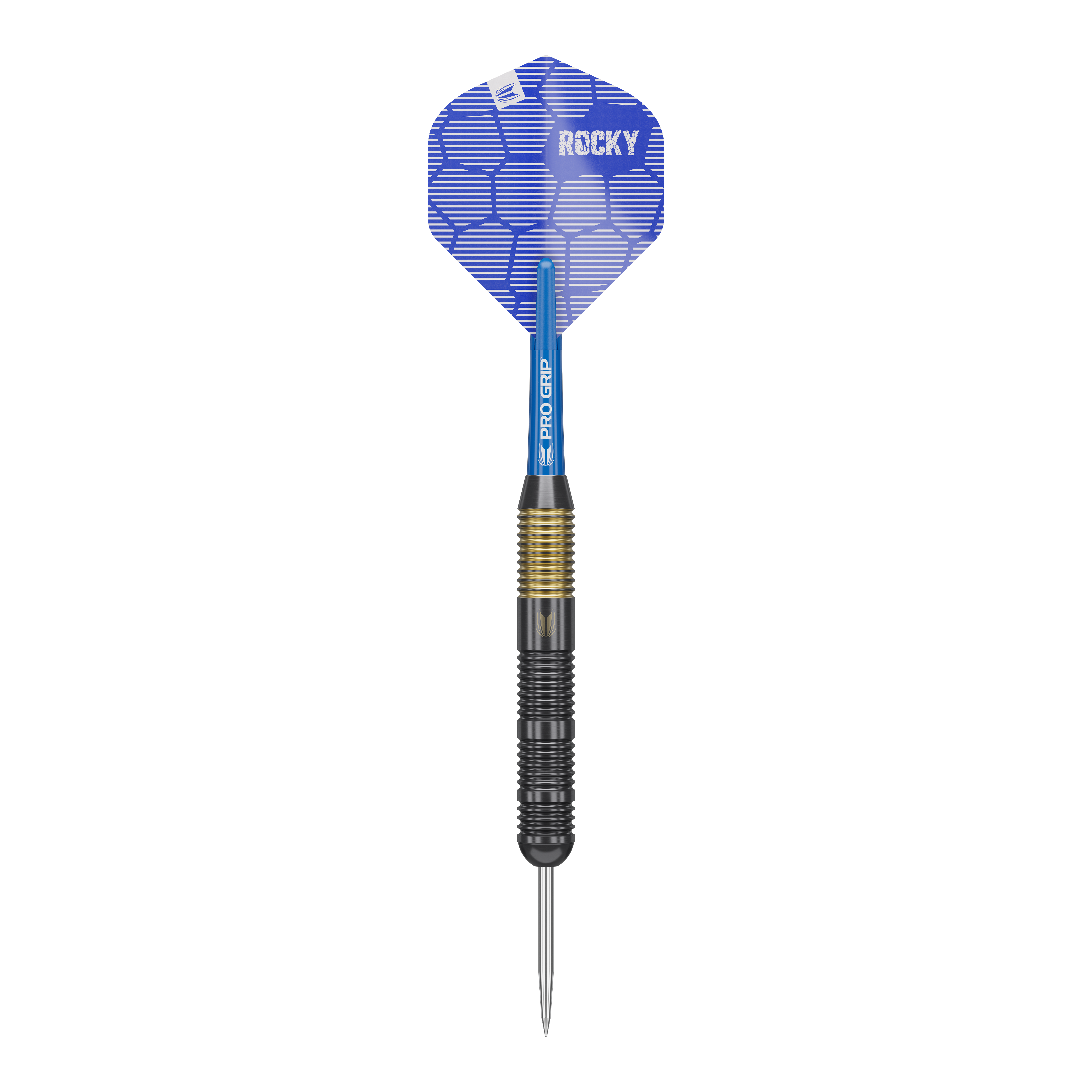 Dardos de acero y latón Target Josh Rock - 22 g Das Bild zeigt einen Target Josh Rock Brass Steeldart mit einem Gewicht von 22g. Der Dart hat eine blaue Flight mit der Aufschrift "ROCKY" und einen geriffelten Messinggriff.