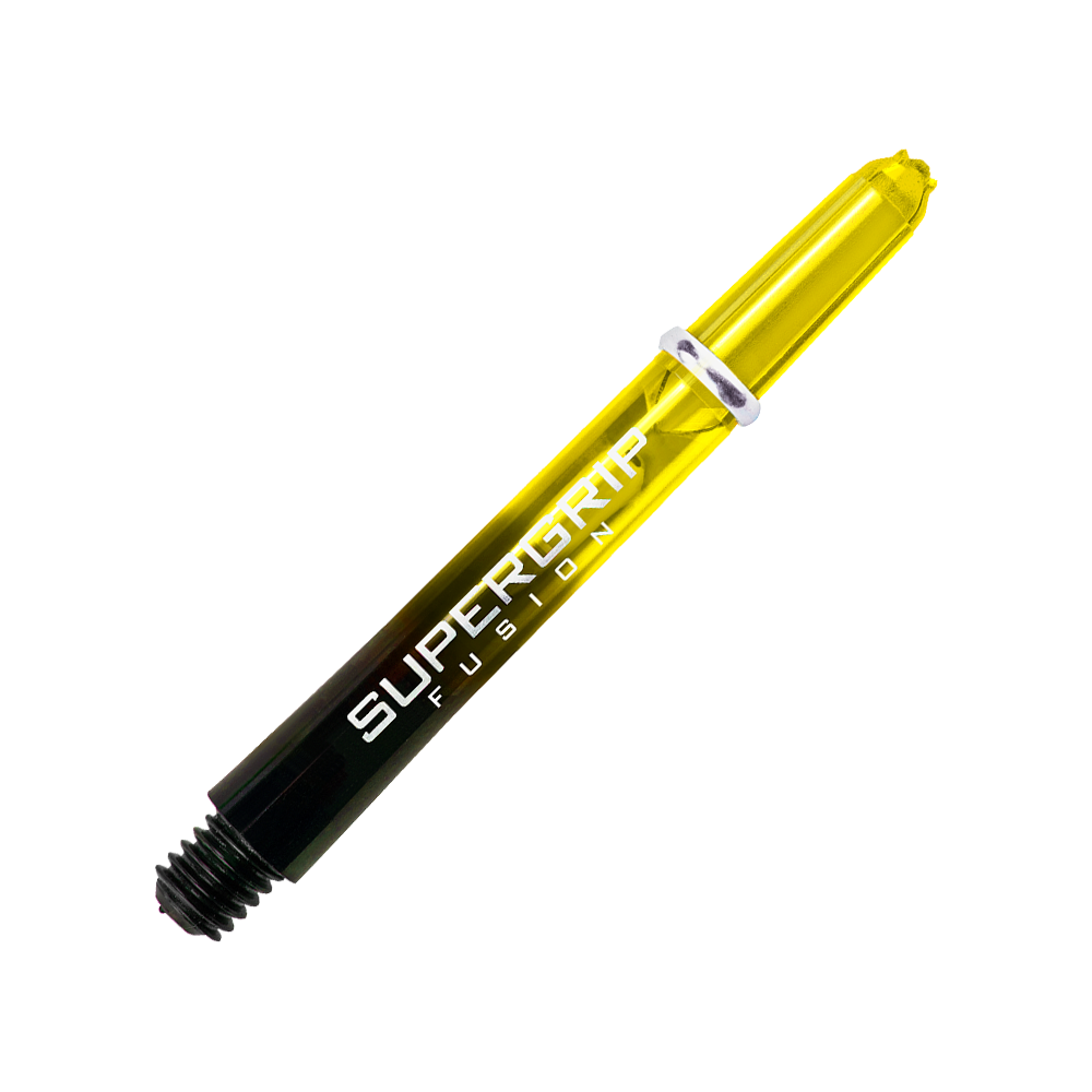 HR349_Harrows_Supergrip_Fusion_Shafts_Gelb_40mm_2tskUGzg6hNNOx Das Bild zeigt ein Harrows Supergrip Fusion Shaft in der Farbe Gelb. Der Schriftzug "SUPERGRIP FUSION" ist deutlich auf dem Schaft zu sehen.