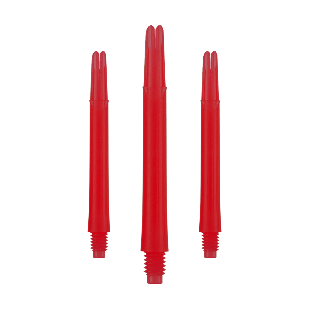 Ejes en L bloqueados rectos estilo L - Rojo Auf dem Bild sind drei rote, gerade Dartschäfte ohne Kappen zu sehen. Sie sind nebeneinander angeordnet, wobei der mittlere etwas länger erscheint als die beiden äußeren.
