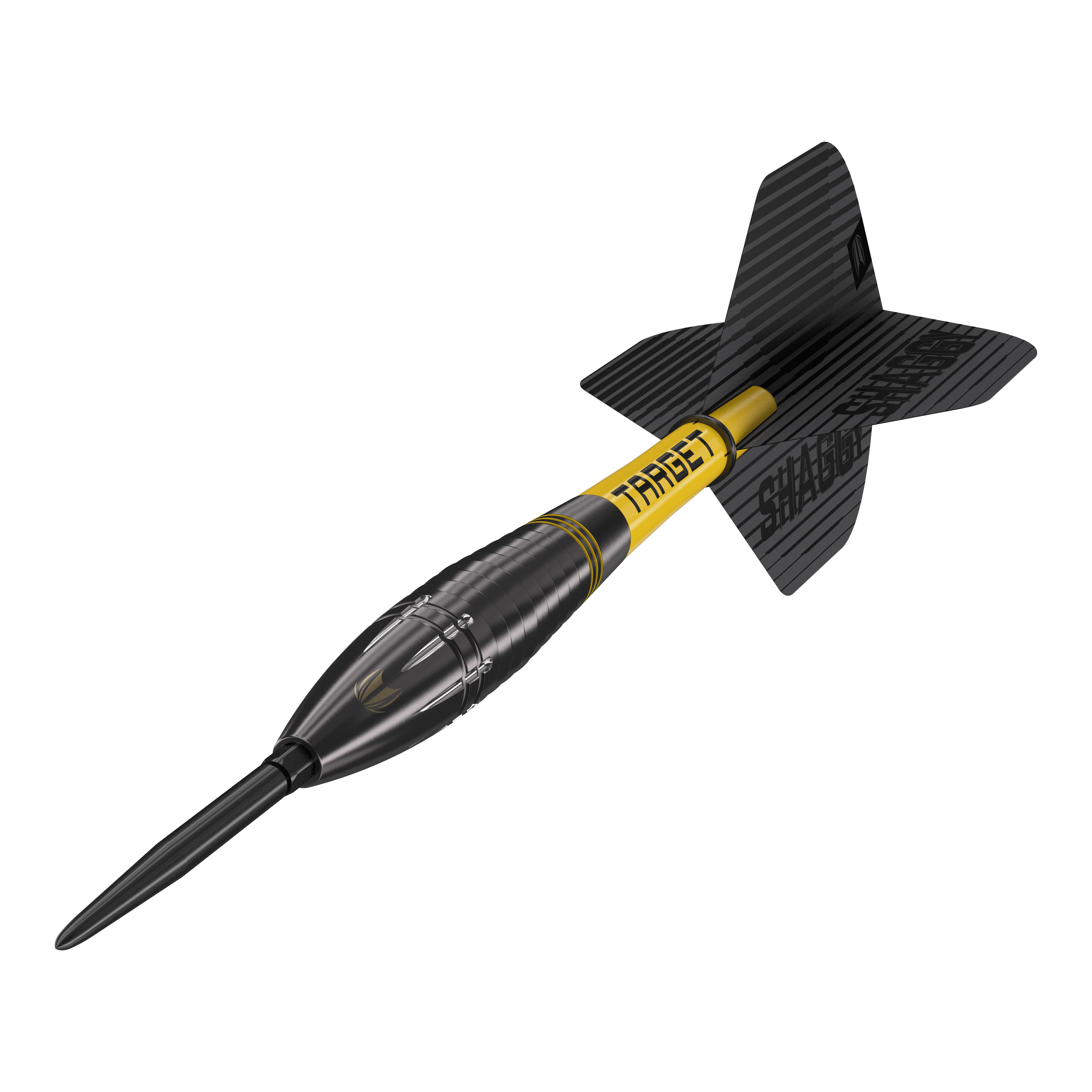 Dardos de acero Target Scott Williams Shaggy Black Swiss Point Das Bild zeigt den Target Scott Williams Shaggy Black Swiss Point Steeldart. Der Dart hat ein schwarzes Design mit gelben Akzenten und einer schwarzen Flights.