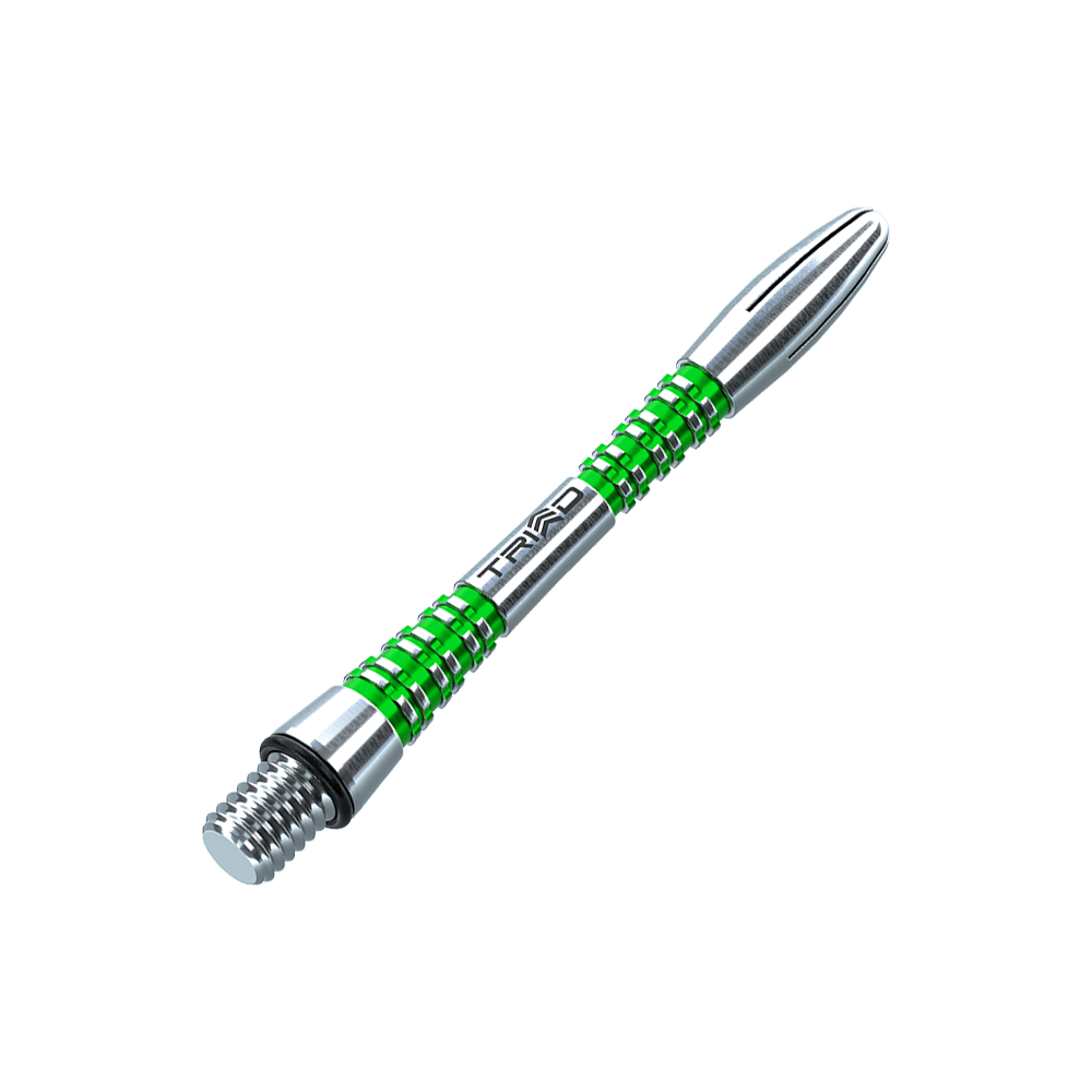7013-403_Winmau_Triad_Aluminium_Shafts_Gr-n_41mm_2 Winmau Triad Aluminium Shafts einzeln sichtbar. Die Oberfläche ist metallisch glänzend.