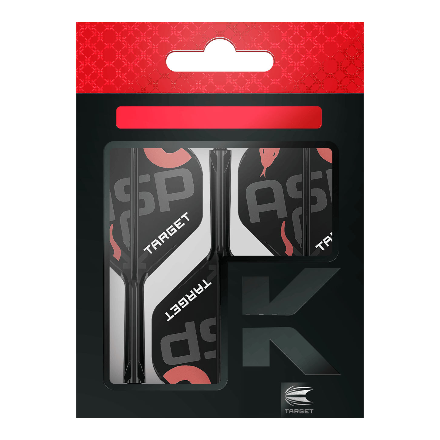 Sistema de eje de vuelo estándar Target K-Flex Nathan Aspinall No2 Auf dem Bild ist eine Verpackung mit Dart-Flights und Schäften der Marke Target zu sehen. Die Verpackung ist überwiegend schwarz mit roten und weißen Akzenten gestaltet.