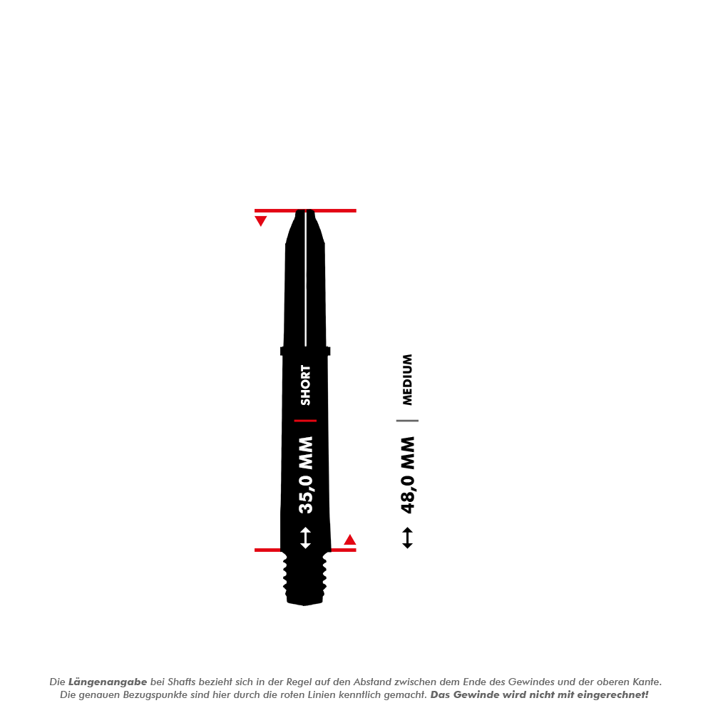 Varillas de nailon Winmau Joe Cullen Rockstar negras Das Bild zeigt einen schwarzen Dart-Schaft mit einer beschrifteten Längenangabe von 35,0 mm (Short). Zusätzlich ist eine Vergleichslinie für die Länge "Medium" mit 48,0 mm eingezeichnet.