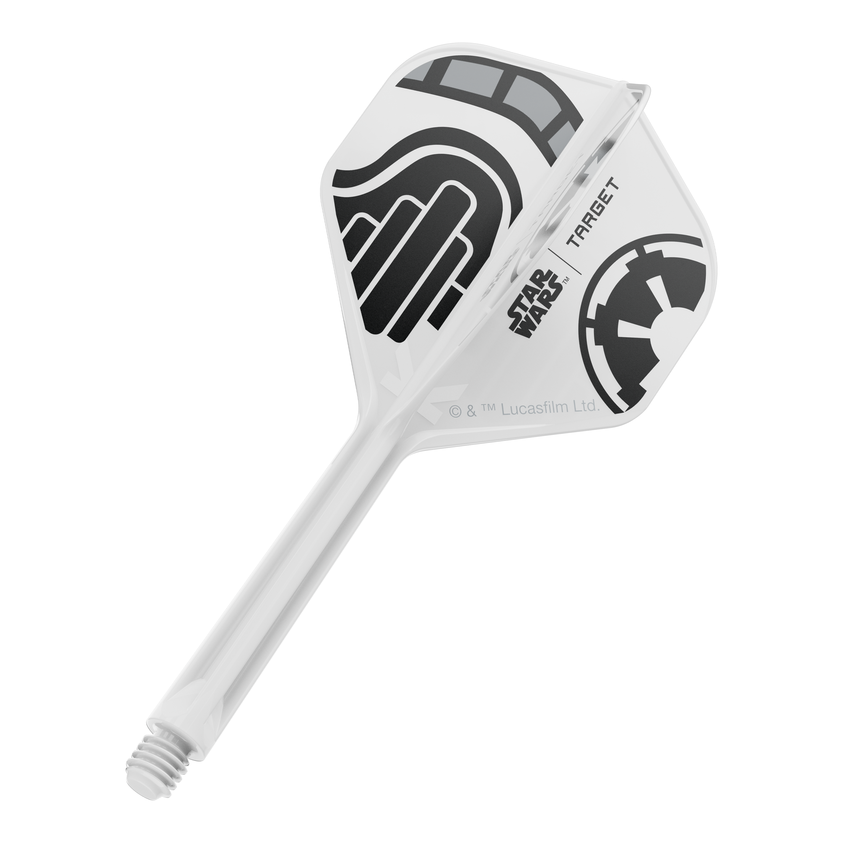 Zu sehen ist ein Dart-Flight aus der Star Wars KFlex Stormtrooper No2 Standard Serie. Der Flight ist medium-lang und misst 33 mm.