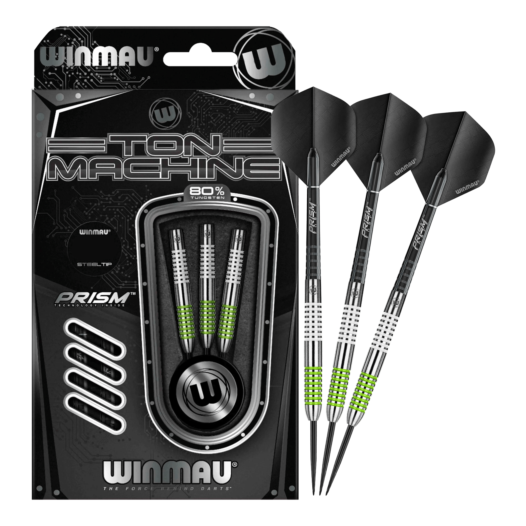 Dardos de acero Winmau Ton Machine Das Bild zeigt das Set der Winmau Ton Machine Steeldarts in voller Ansicht. Diese Steeldarts sind ideal für Dartliebhaber.