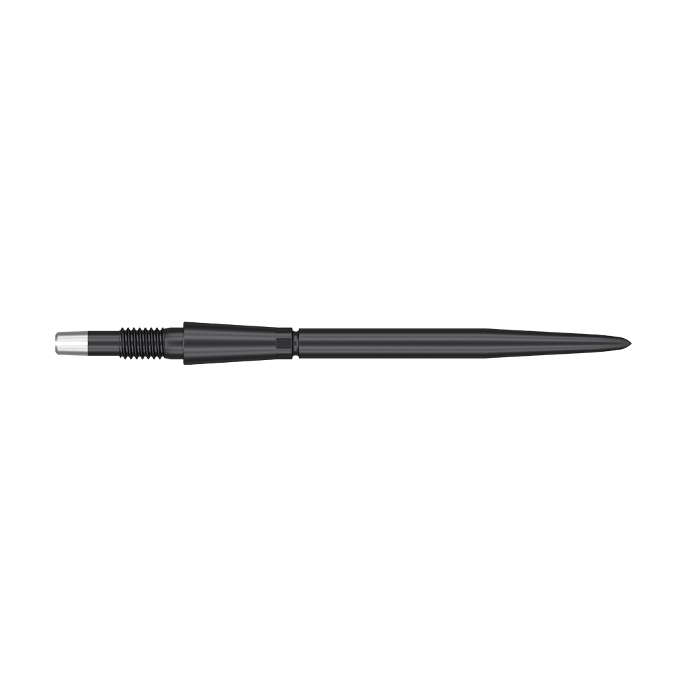 Puntas de dardos Target Swiss Storm Point - Negras Das Bild zeigt eine schwarze Dartspitze mit einem geriffelten Griffbereich. Die Spitze ist lang und schmal, ideal für den Einsatz bei Dartpfeilen.