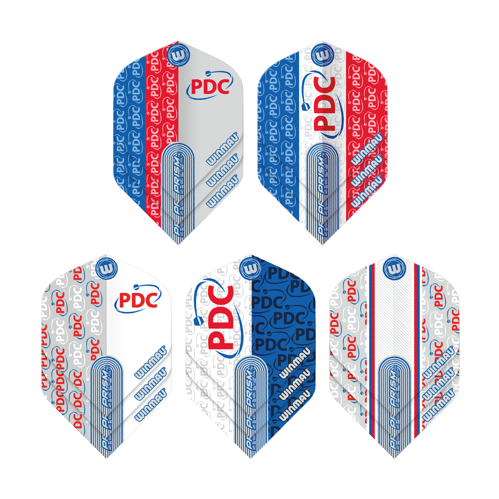 Colección de vuelo Winmau PDC Prism Das Bild zeigt die "Winmau PDC Prism Flight Collection" mit fünf unterschiedlichen Dart-Flights. Die Flights sind in den Farben Blau, Rot und Weiß gehalten und mit den Logos "PDC" und "Winmau" bedruckt.