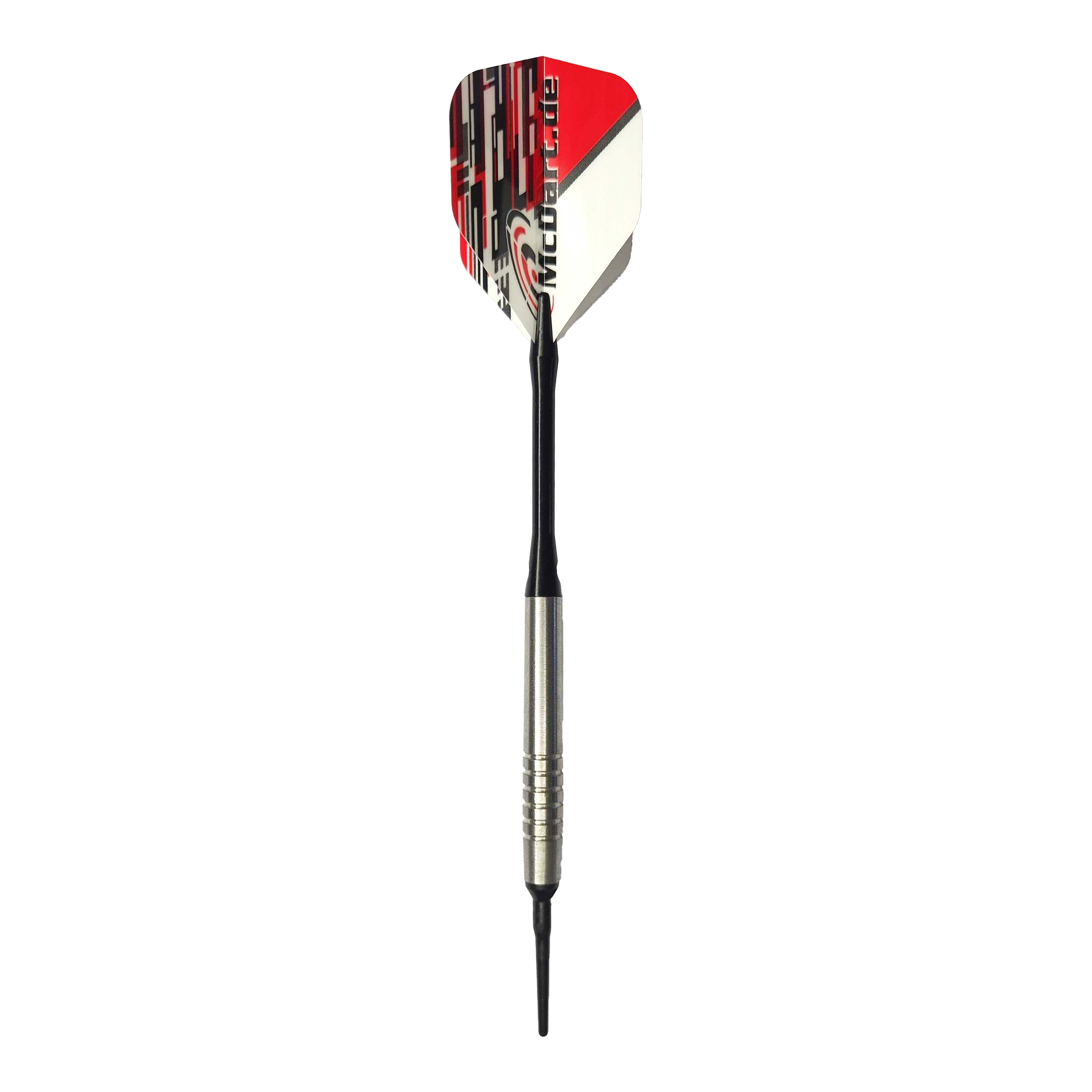 Dardos blandos McDart 85 Tungsten V14 - 17 g Das Bild zeigt einen McDart 85er Tungsten V14 Softdart mit einem Gewicht von 17 Gramm. Der Dart hat eine silberne Spitze, einen schwarzen Schaft und eine rot-weiße Flights.