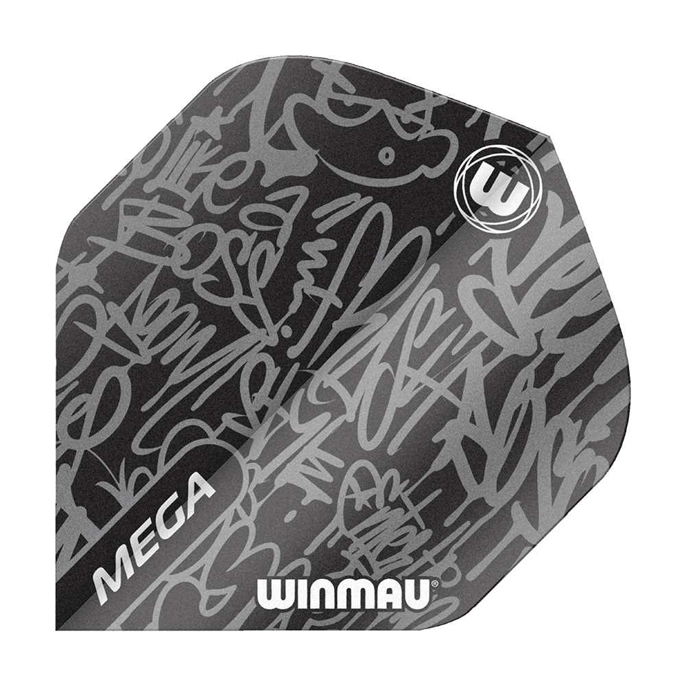6900-244_Winmau_Mega_Black_Standard_Flights_1 Das Bild zeigt das Produkt "Winmau Mega Black Standard Flights". Die Flight-Fläche ist schwarz mit silbernen, grafischen Mustern und trägt die Aufschriften "MEGA" und "WINMAU".