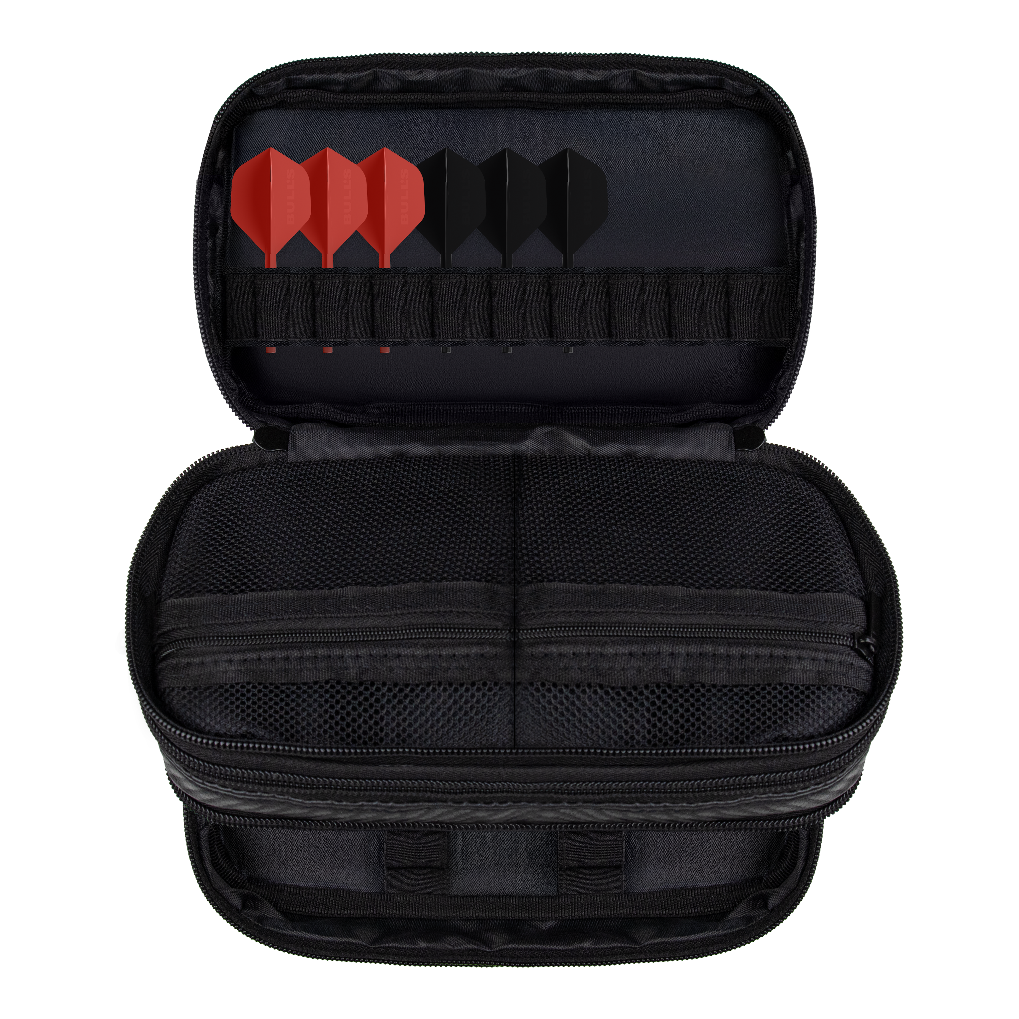 Das Bild zeigt das Bulls NL Carbon Wallet. Dieses Produkt ist eine praktische Aufbewahrung für Darts und Zubehör.