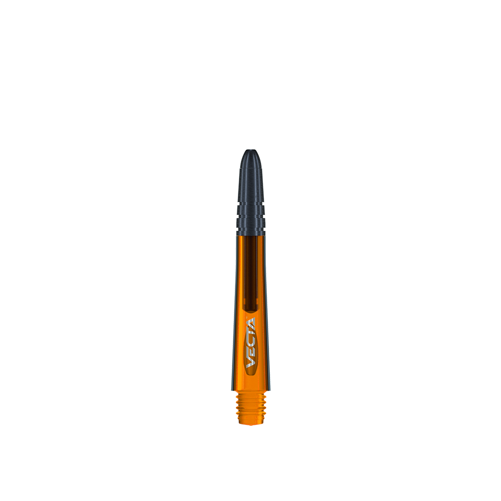 7025-110_Winmau_Vecta_Shafts_Orange_40mm_1wZCko09Lf6WbJ Das Bild zeigt einen orangefarbenen Winmau Vecta Shaft mit einer Länge von 37 mm. Der Shaft hat ein schwarzes Spitzenende und das Wort "Vecta" ist darauf zu sehen.