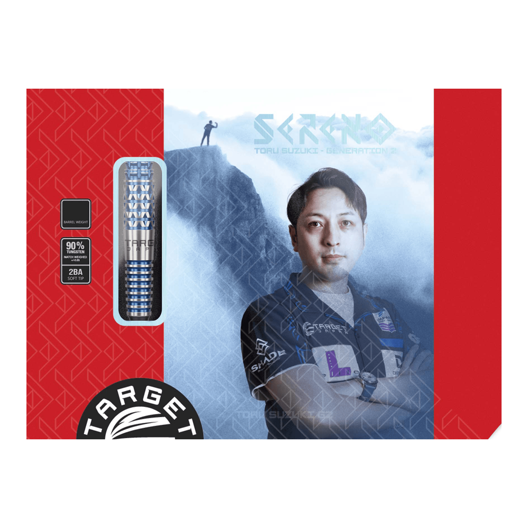 Dardos blandos Target Japan Toru Suzuki Sereno GEN2 - 20 g Die Verpackung zeigt das Produkt "Target Japan Toru Suzuki Sereno GEN2 Softdarts - 20g". Auf der Vorderseite ist ein Bild von Toru Suzuki sowie die Darts und Produktinformationen abgebildet.