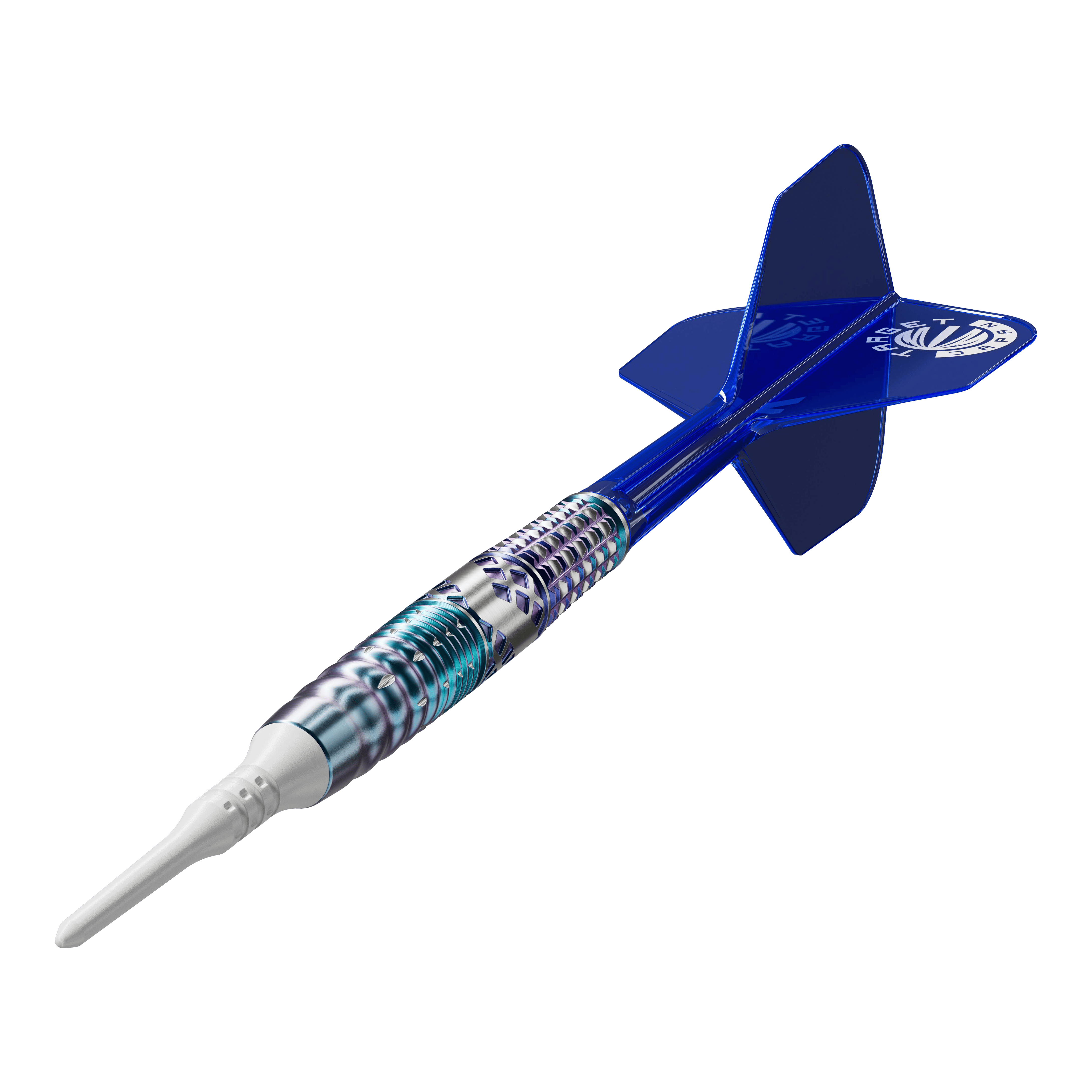 Das Bild zeigt einen Softdart mit einem silber-blauen, metallischen Schaft und einer weißen Spitze. Die Flights am Ende des Darts sind blau und tragen ein weißes Logo.