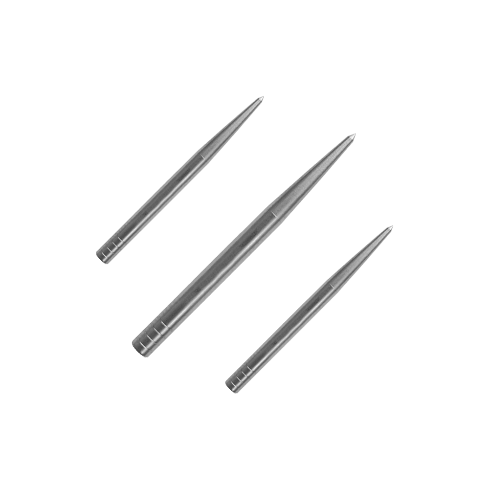 Puntas de dardos Condor Beak Point sin corte Auf dem Bild sind drei silberne Dartspitzen zu sehen. Sie sind spitz zulaufend und aus Metall gefertigt.