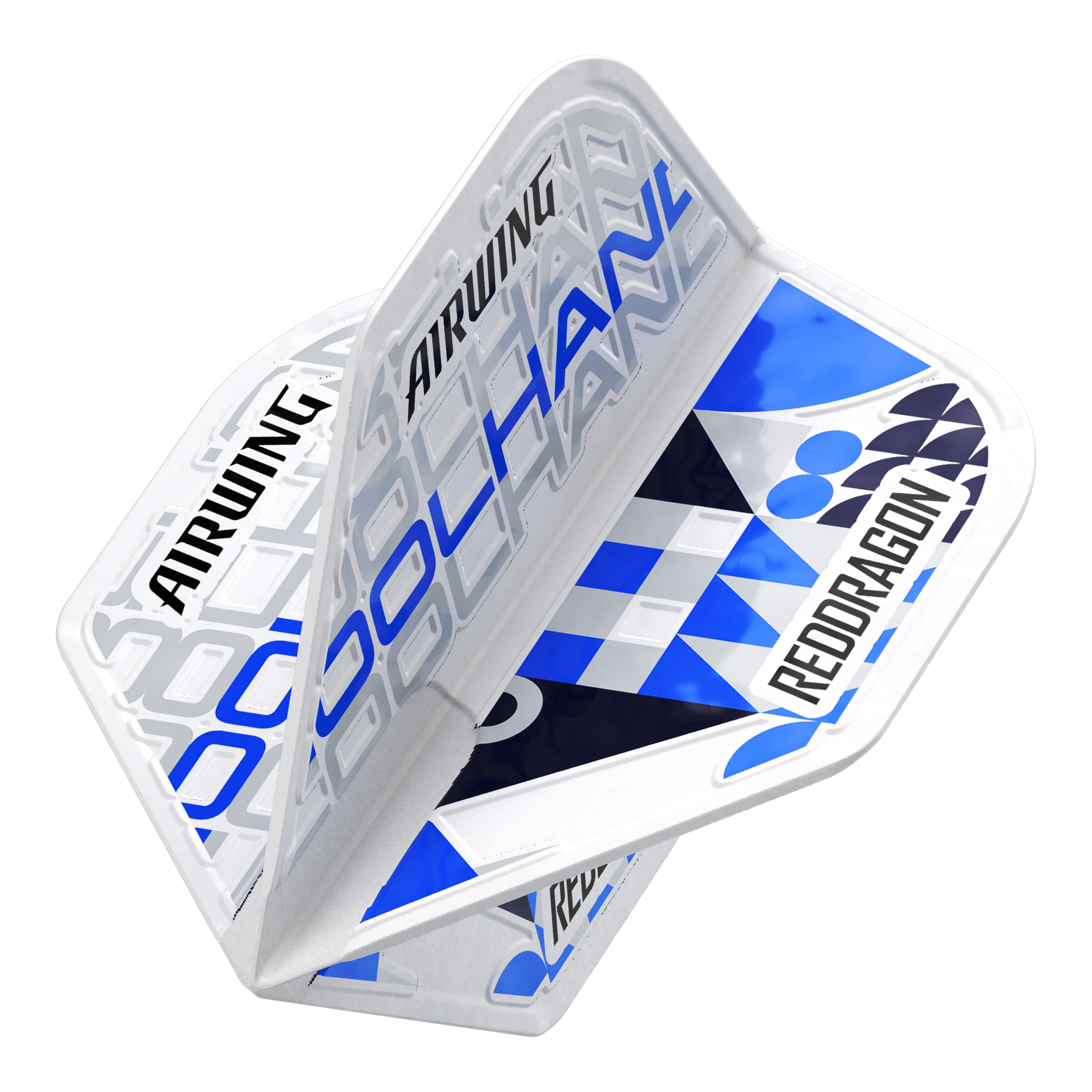 Vuelos estándar de Luke Humphries White de Red Dragon Airwing Das Bild zeigt die Red Dragon Airwing Luke Humphries White Standard Flights. Die Flights sind überwiegend weiß und blau mit den Aufschriften "AIRWING", "COOL HAND" und "RED DRAGON".