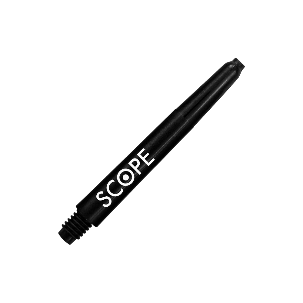 522_McDart_Scope_Nylon_Shafts_Schwarz_41mm_2 Das Bild zeigt einen schwarzen Nylon-Schaft für Darts mit der Aufschrift "SCOPE". Es handelt sich um das Produkt "McDart Scope Nylon Shafts".