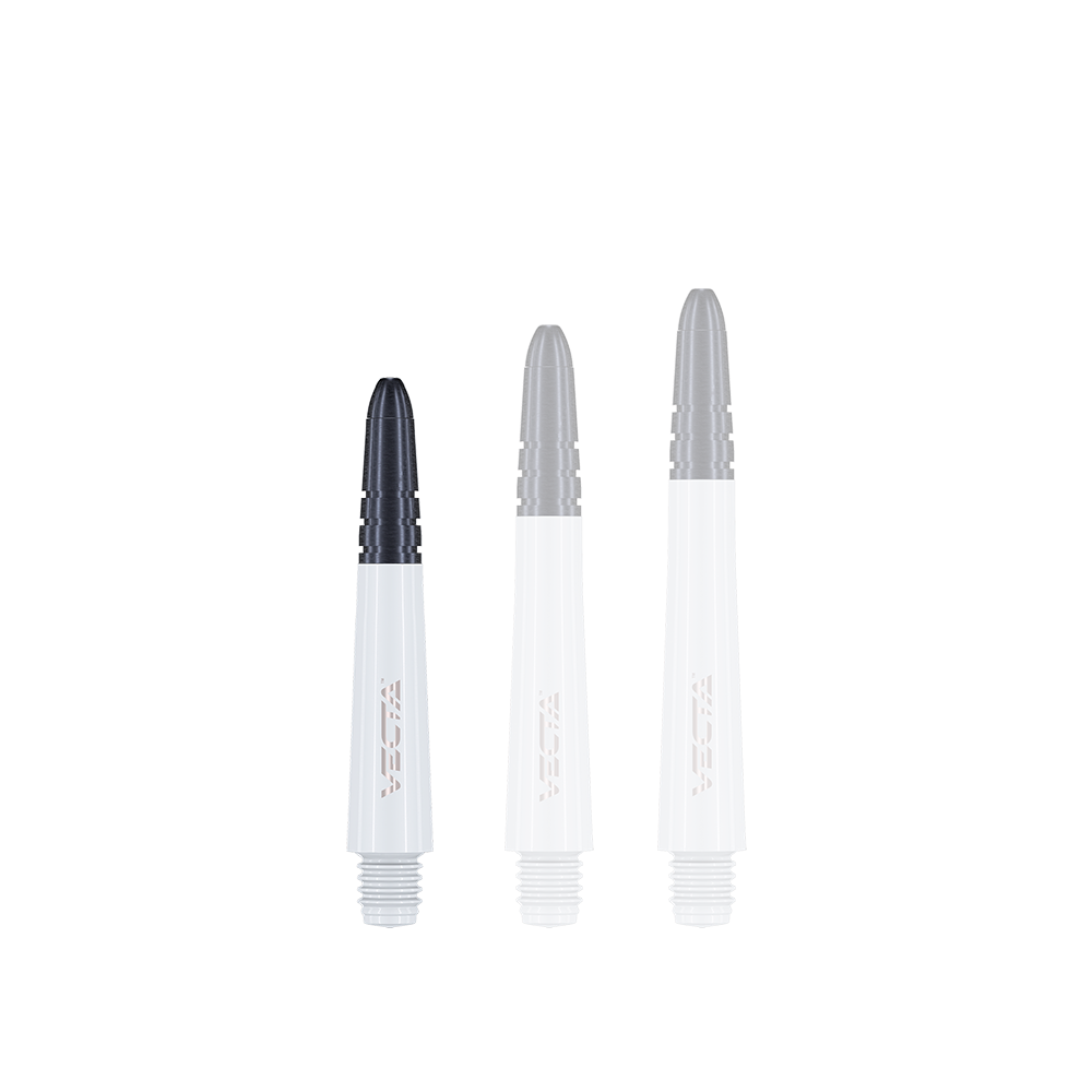 7025-102_Winmau_Vecta_Shafts_Weiss_34mm_1RtbDMXjAC0Hhc Auf dem Bild sind drei weiße Winmau Vecta Shafts in unterschiedlichen Längen zu sehen. Die Spitzen der Shafts sind schwarz gehalten.