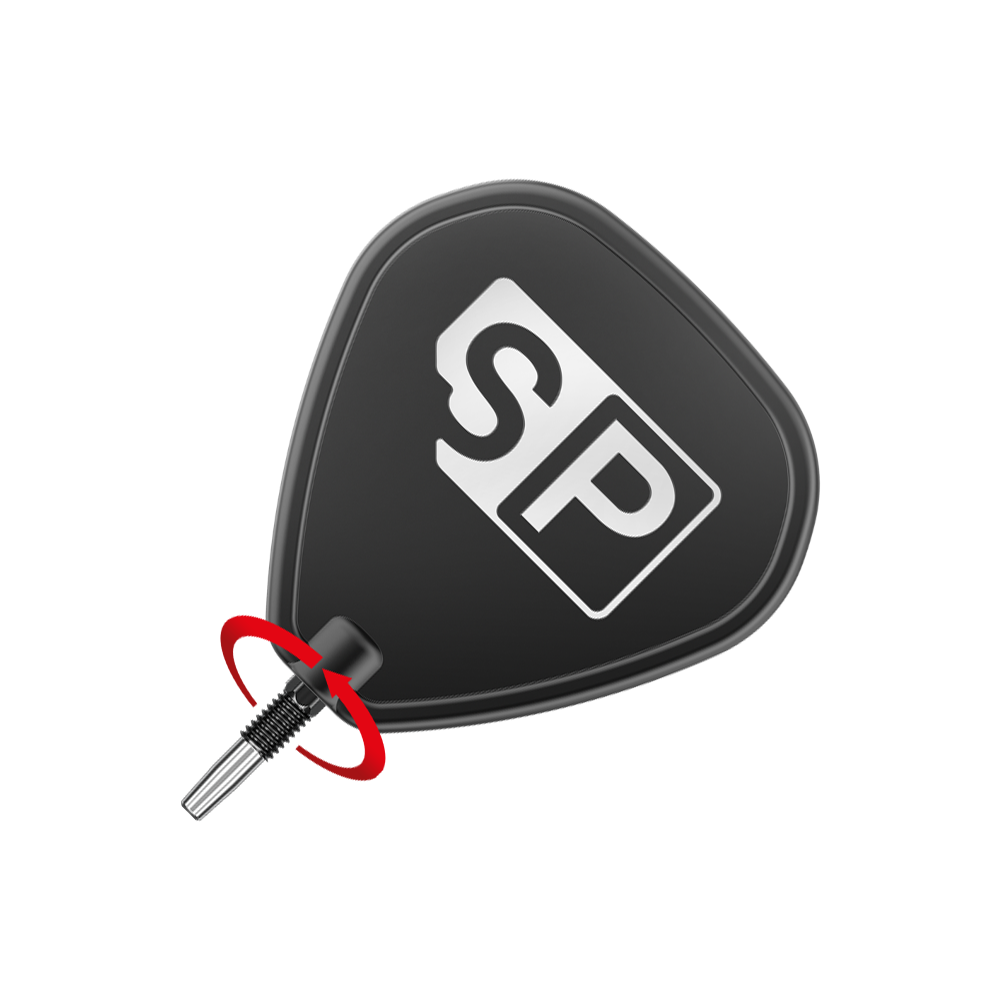 Puntas de dardos Target Swiss Point Chrono - Negras Das Bild zeigt eine schwarze Dartspitze mit dem weißen Logo "SP" darauf. Eine rote Pfeilmarkierung deutet eine Drehbewegung zum Anbringen oder Entfernen der Spitze an.