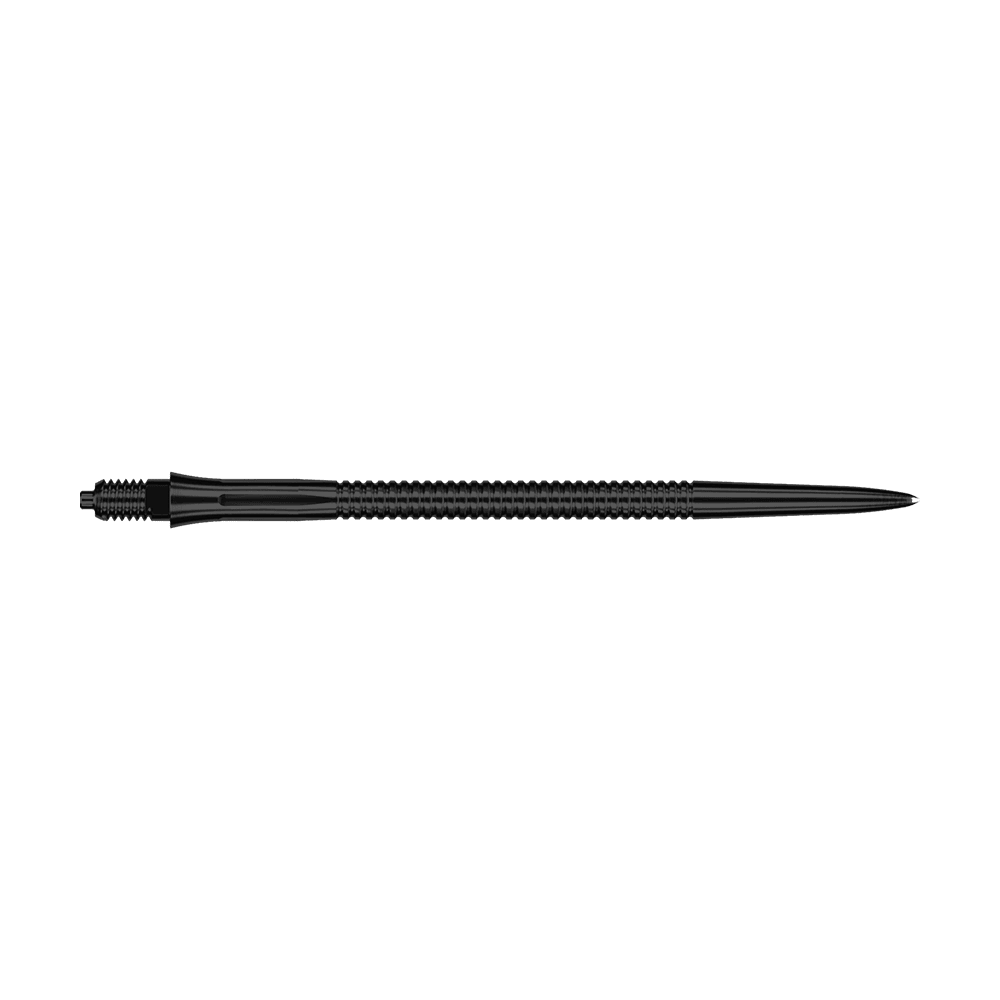 Puntas de dardo Caliburn EZ-EVO - Ranuradas - Negras Zu sehen sind schwarze Dartspitzen mit Rillen und einer Länge von 45 mm. Die Aufnahme hebt die Details der Oberfläche hervor.