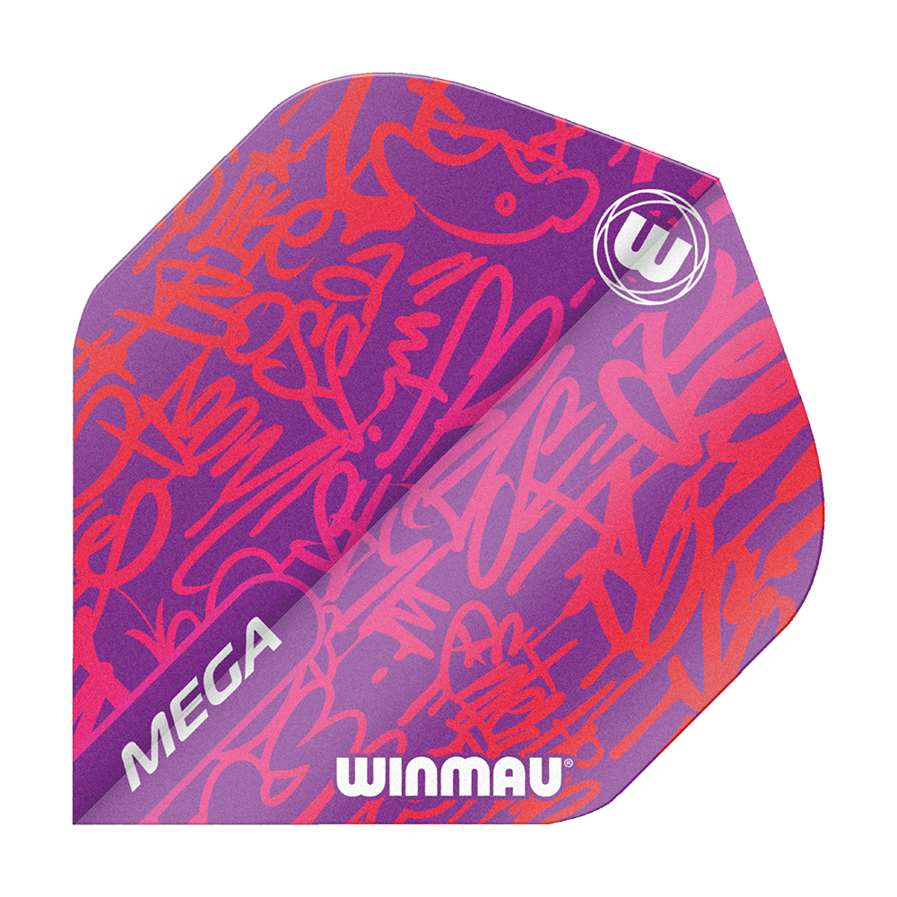 6900-242_Winmau_Mega_Red_Standard_Flights_1 Das Bild zeigt ein Dartflight mit dem Namen "Winmau Mega Red Standard Flights". Das Flight ist überwiegend lila mit roten Graffiti-Mustern und den weißen Aufschriften "MEGA" und "WINMAU".