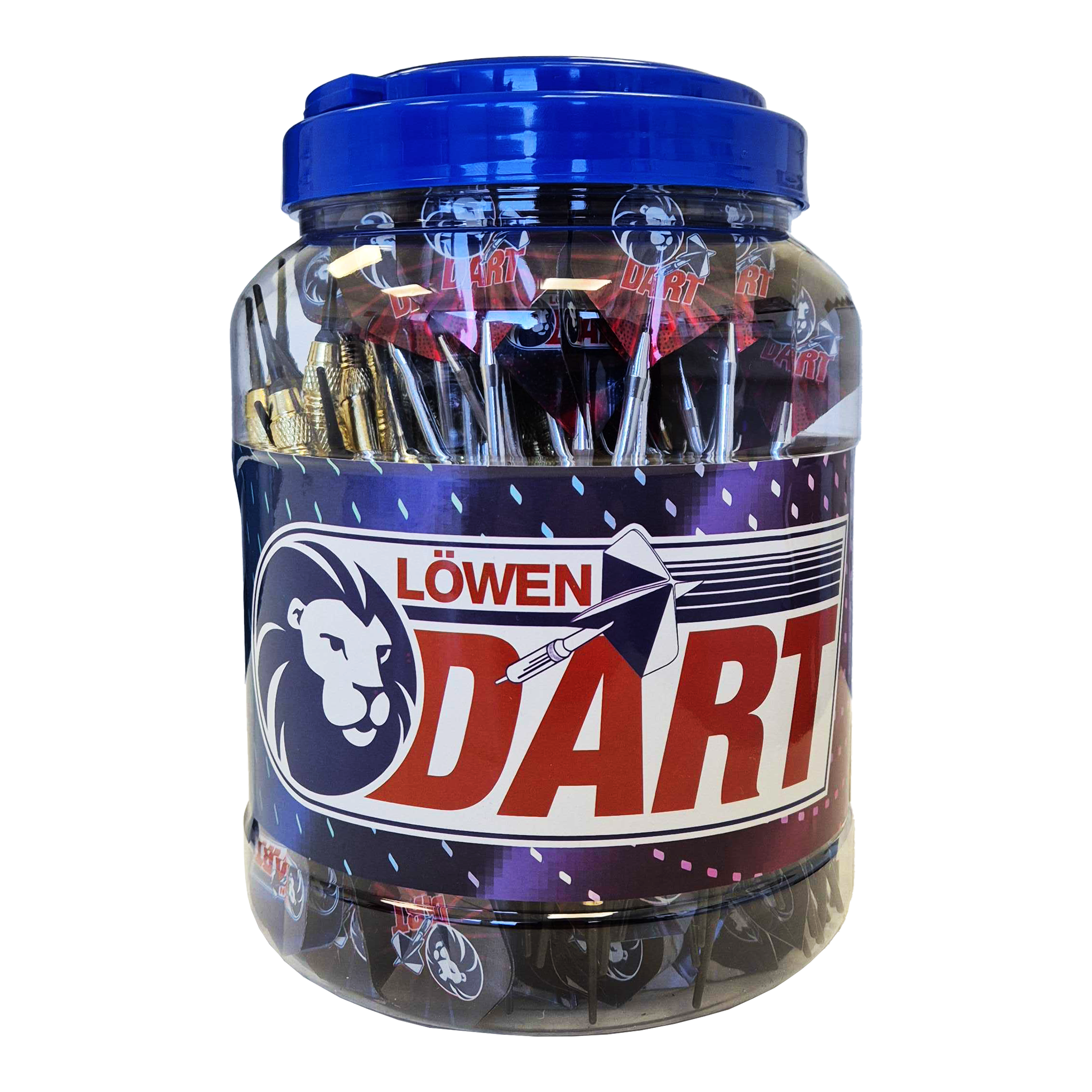 99 dardos Löwen de punta blanda - 18 g Das Bild zeigt ein großes Plastikgefäß mit einem blauen Deckel, das mit vielen Soft-Tip-Darts gefüllt ist. Auf dem Behälter steht die Aufschrift "Löwen Dart" und das Produkt heißt "99 Löwen Soft-Tip Darts - 18g".