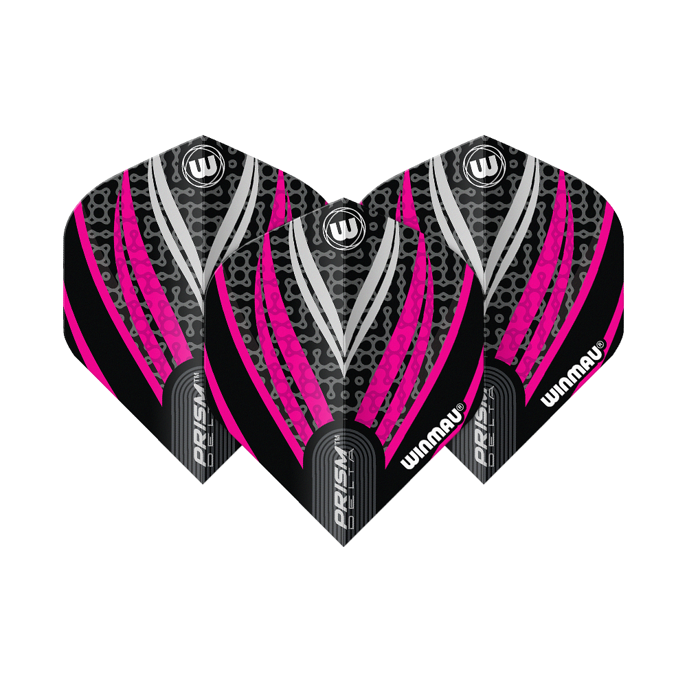 Plumas estándar Winmau Prism Delta n.° 2, color negro, blanco y rosa Das Bild zeigt drei Dart-Flights des Modells "Winmau Prism Delta Schwarz Weiß Pink No2 Standard". Die Flights haben ein auffälliges Design in Schwarz, Pink und Weiß mit dem Winmau-Logo.