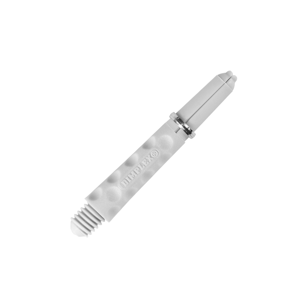 HR323_Harrows_Dimplex_Shafts_Weiss_34mm_2 Das Bild zeigt einen weißen Dart-Schaft mit einer genoppten Oberfläche. Auf dem Schaft steht das Wort "DIMPLEX".