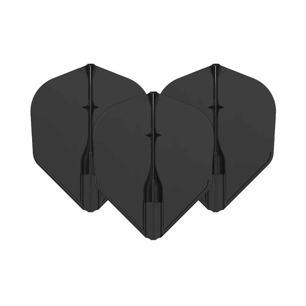 Vuelos L-L-Style3EZ Auf dem Bild sind drei schwarze Dartflights zu sehen. Sie sind in einer Reihe angeordnet und haben eine klassische Form.