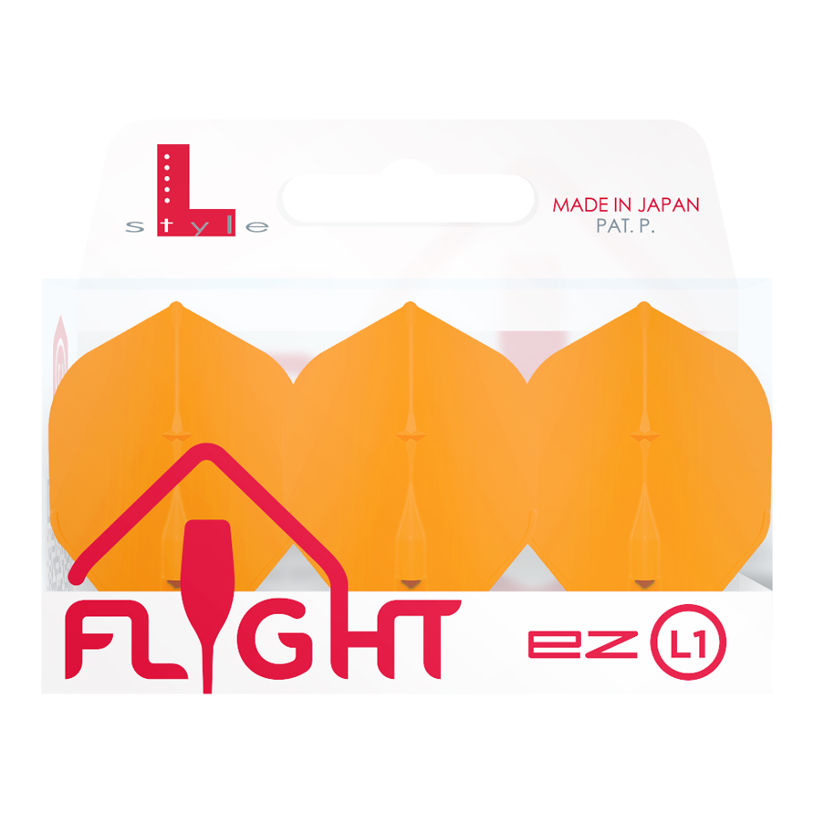 Vuelos estándar L-Style Champagne L1EZ Das Bild zeigt eine Packung „L-Style Champagne L1EZ Standard Flights“ in Orange. Die Verpackung ist durchsichtig und trägt die Aufschrift „Flight ez L1“.
