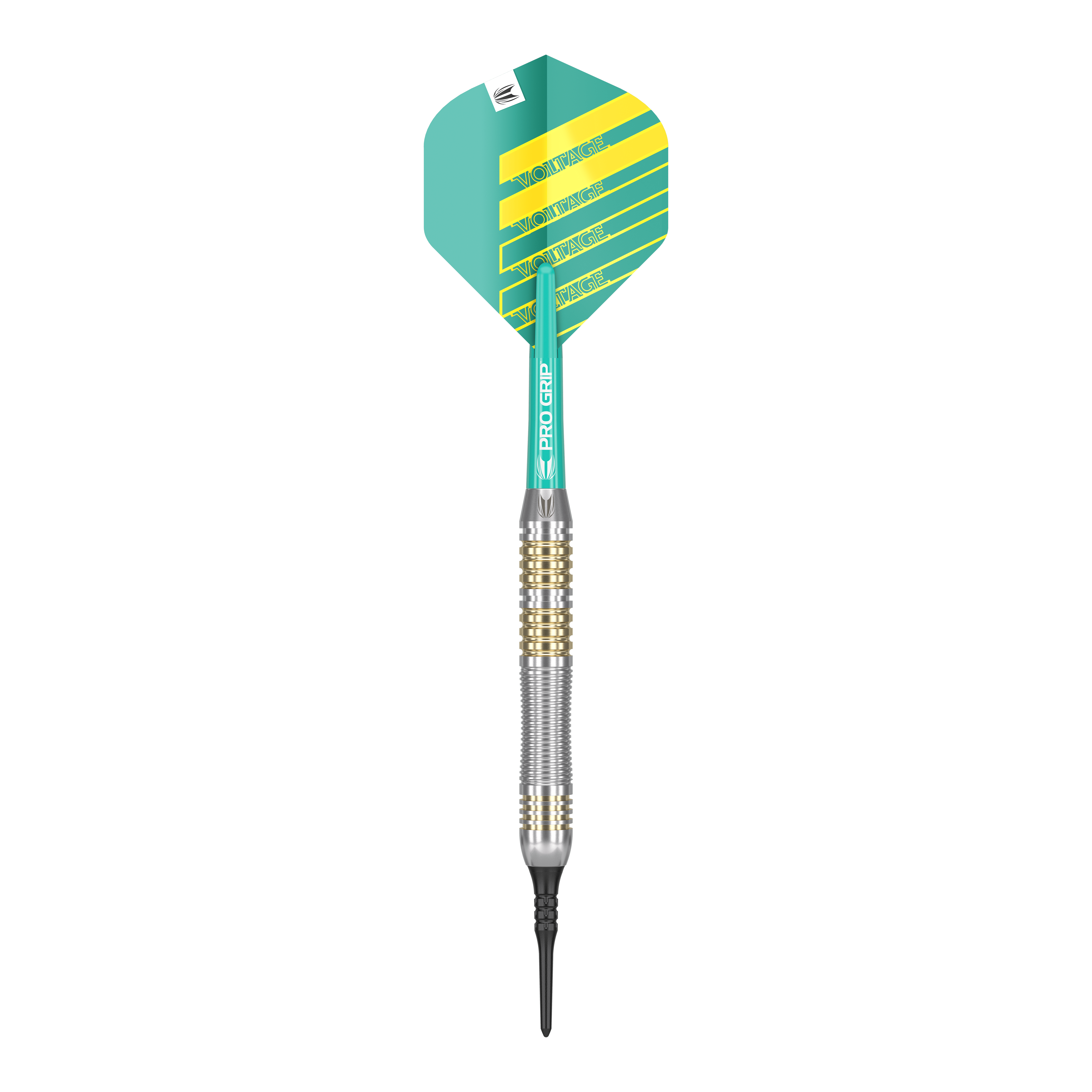 Dardos blandos de latón Target Rob Cross - 18 g Das Bild zeigt einen Softdart der Marke "Target Rob Cross Brass Softdarts - 18g". Der Dart hat eine grün-gelbe Flight und einen silber-goldenen Schaft.