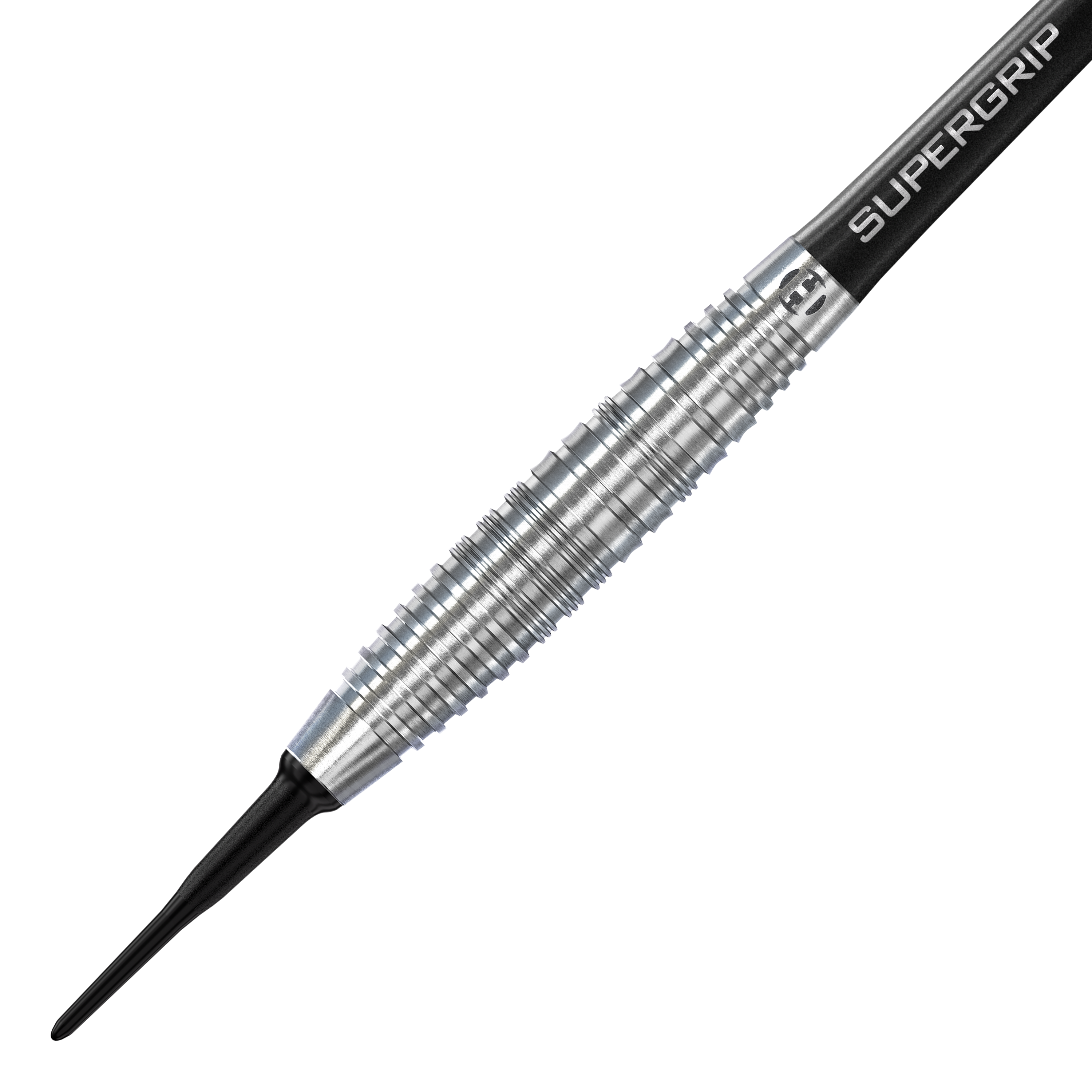 Dardos blandos Harrows NX90 Bomb Das Bild zeigt einen Harrows NX90 Bomb Softdart. Der Dart hat eine silberne, geriffelte Metallspitze und einen schwarzen Schaft mit der Aufschrift "SUPERGRIP".