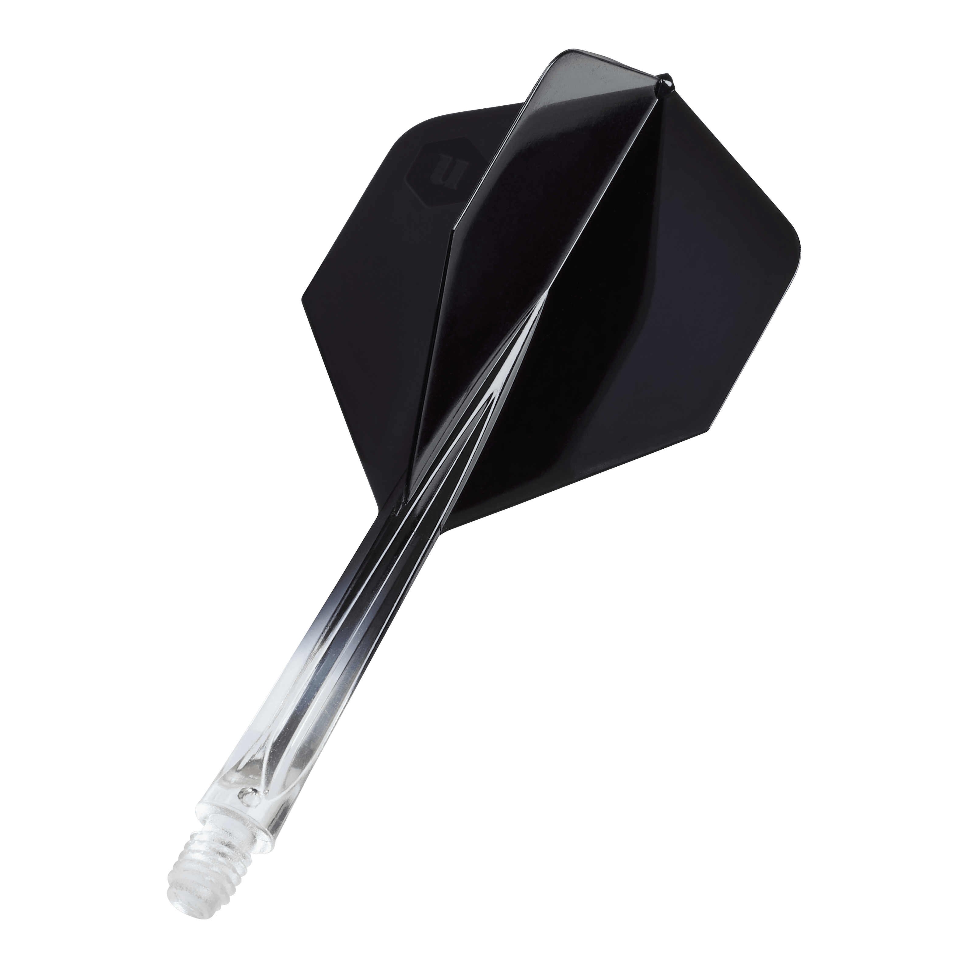 Plumas estándar Unicorn Forge Two Tone No2 - Negro transparente Das Bild zeigt die Unicorn Forge Two Tone No2 Standard Flights in Schwarz. Es handelt sich um Flights für Dartpfeile mit klarem und schwarzem Design.