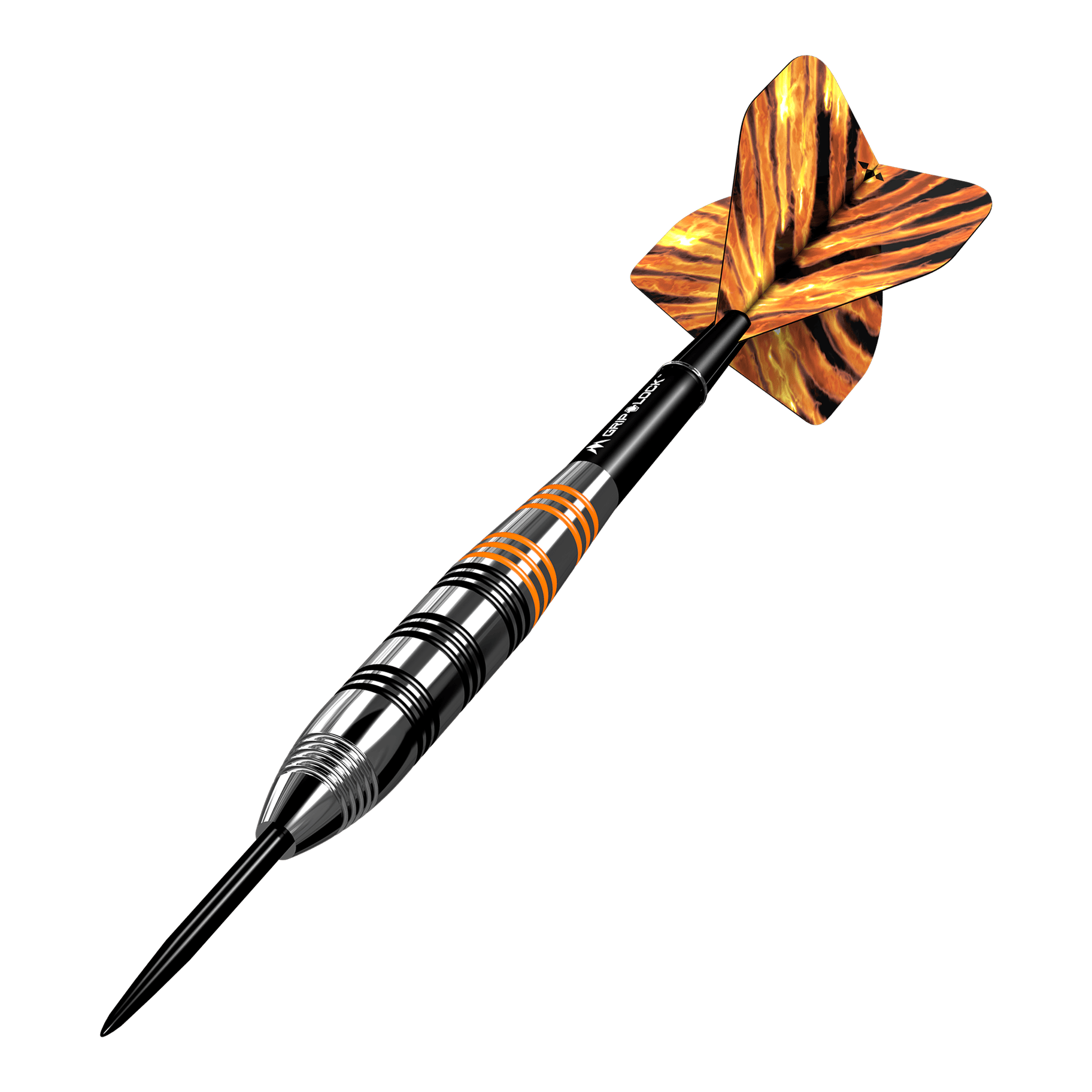Dardos Mission Javan de latón y acero - 22 g Das Bild zeigt einen Mission Javan Brass Steeldart mit einem Gewicht von 22 Gramm. Der Dart hat ein schwarz-silbernes Design mit orangefarbenen Akzenten und auffällig gemusterten Flights.