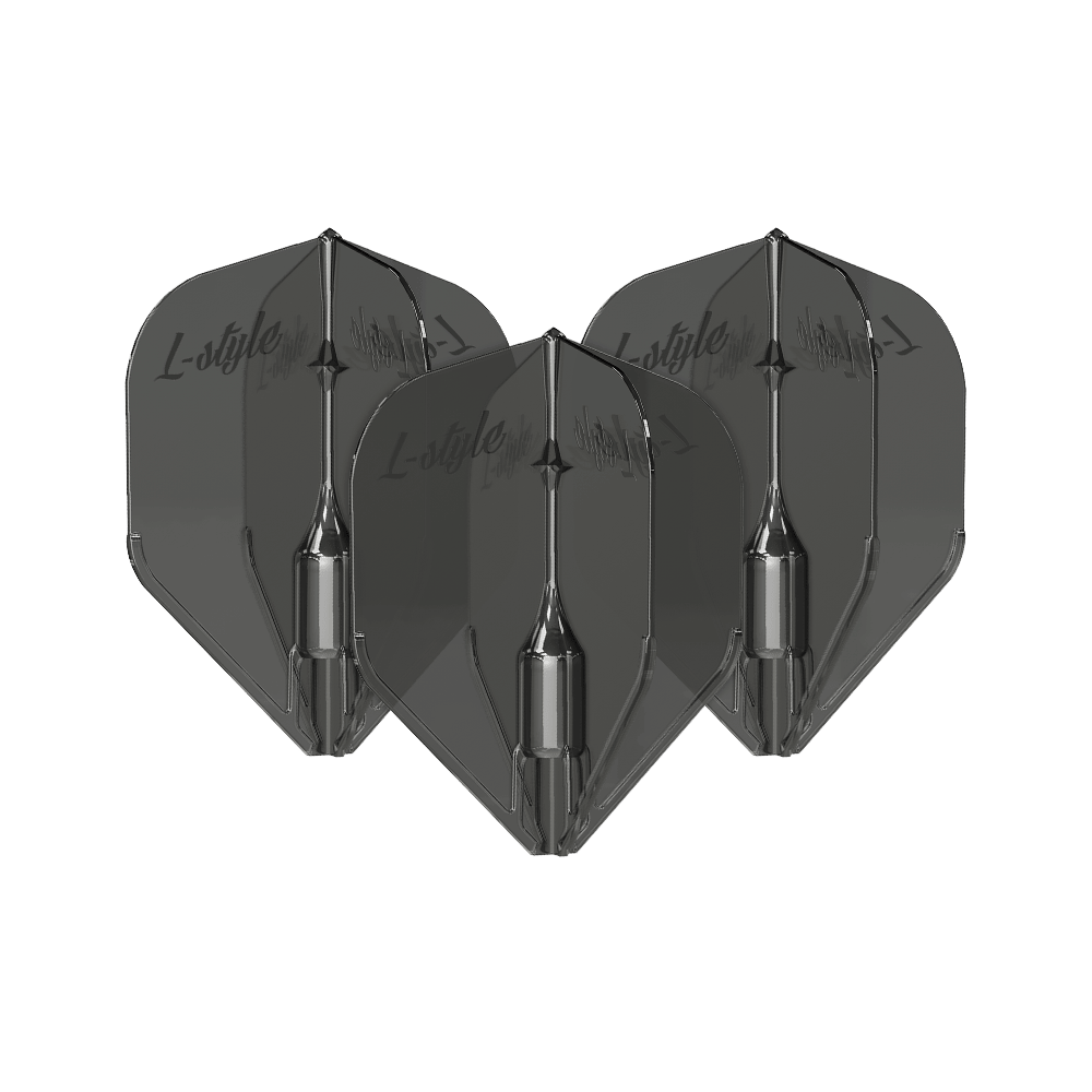 Plumas L-Style Fantom L3EZ, color negro transparente Das Bild zeigt drei schwarze, transparente Dart-Flights des Modells "L-Style Fantom L3EZ". Auf den Flights ist der Schriftzug "L-style" zu sehen.