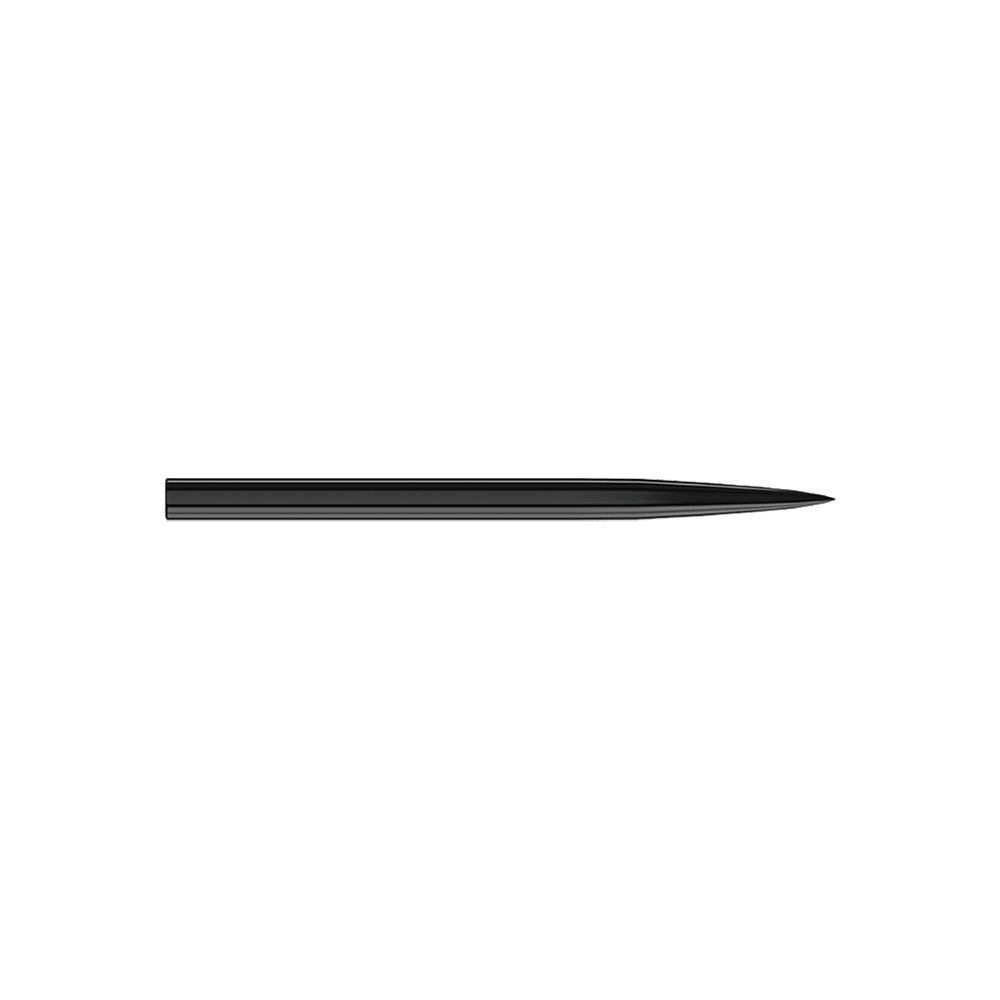 Puntas de dardos de acero Harrows - negras Das Bild zeigt eine schwarze Steeldartspitze. Sie ist schlank, gerade und hat eine spitze Spitze.
