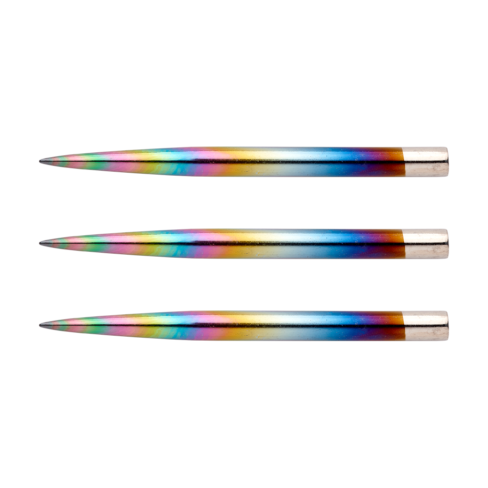 8378_Winmau_Rainbow_Steeldart_Spitzen_32mm_1 Das Bild zeigt drei bunte Steeldartspitzen in Regenbogenfarben. Die Spitzen sind gerade und 32 mm lang.