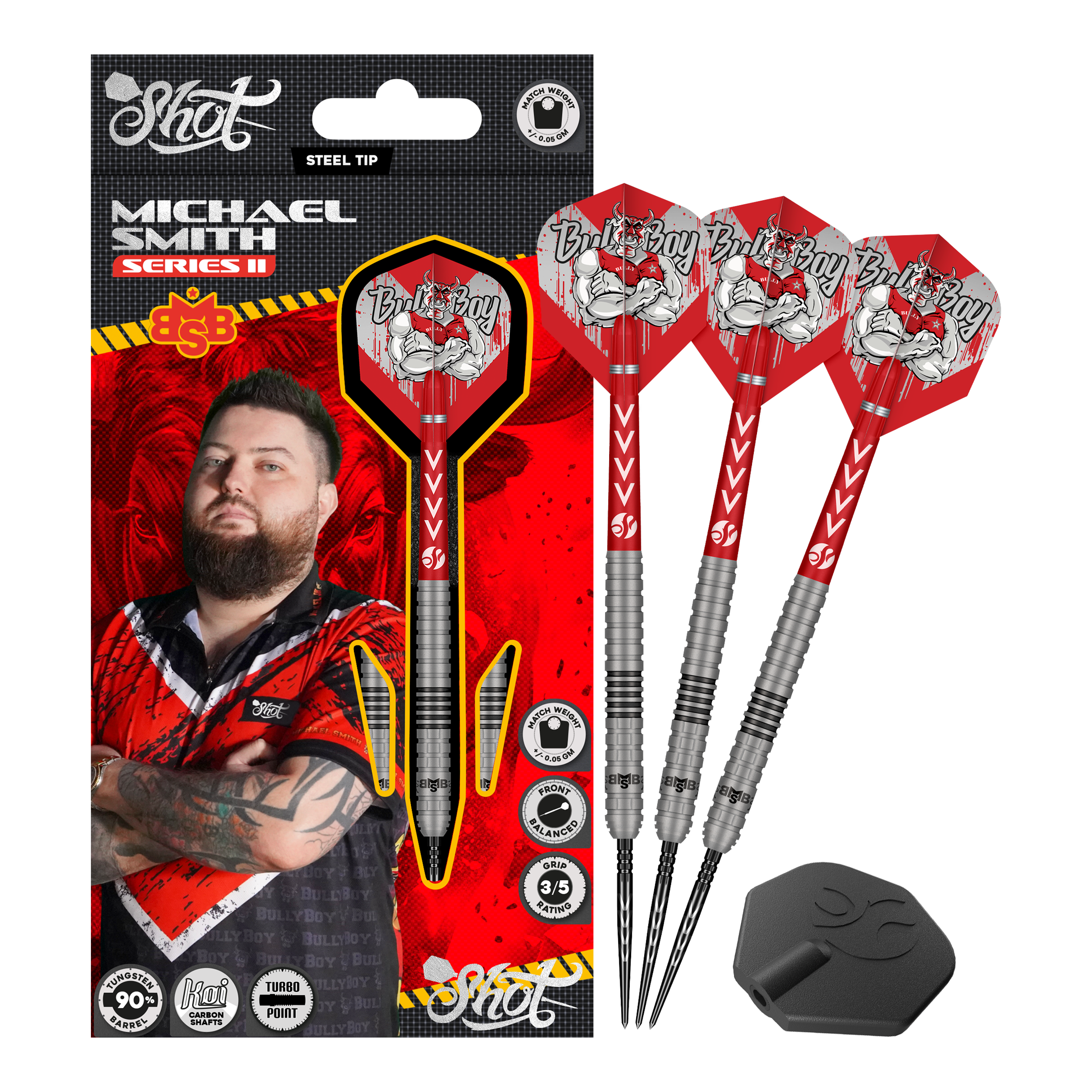 Dardos de acero Michael Smith Serie 2 Turbo Point Das Bild zeigt die Shot Michael Smith Series 2 Turbo Point Steeldarts. Es sind hochwertige Steeldarts, die für den professionellen Gebrauch geeignet sind.