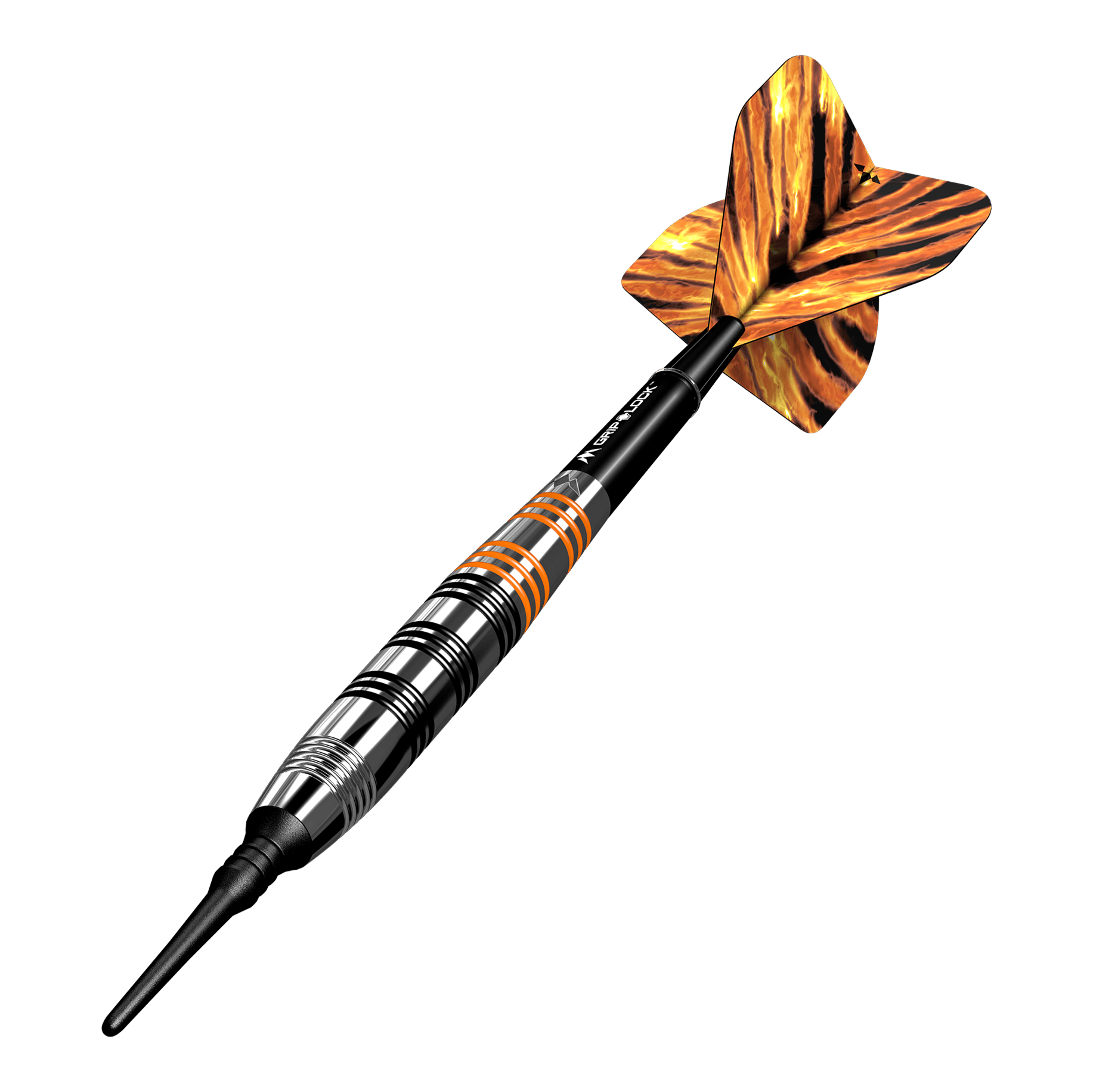 Dardos blandos de latón Mission Javan - 18 g Das Bild zeigt einen Softdart namens "Mission Javan Brass Softdarts - 18g". Der Dartpfeil hat ein gestreiftes Design in Schwarz, Silber und Orange mit einer auffälligen, gemusterten Flugfeder.