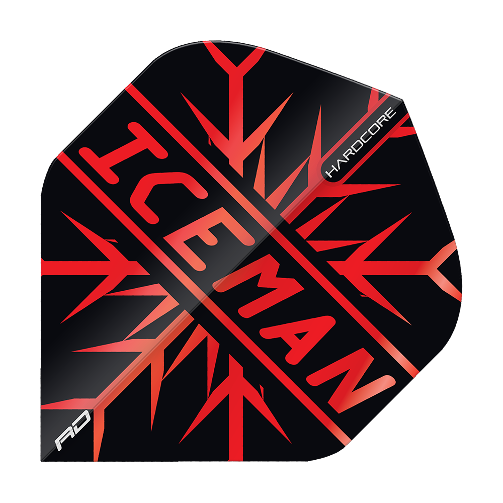 TF6872_Red_Dragon_Hardcore_Gerwyn_Price_Red_Premium_Standard_Flights_1 Das Bild zeigt ein Dartflight mit dem Aufdruck "ICEMAN" in roten Buchstaben auf schwarzem Hintergrund. Es handelt sich um das Produkt "Red Dragon Hardcore Gerwyn Price Red Premium Standard Flights".