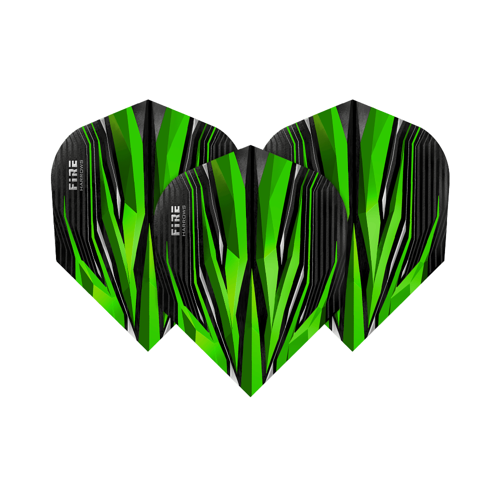 HR2_Harrows_Fire_Green_Standard_Flights_1POTEMUaVMK1Ue Harrows Fire Green Standard Flights mit markanter Gestaltung. Die Flights sind nebeneinander platziert.