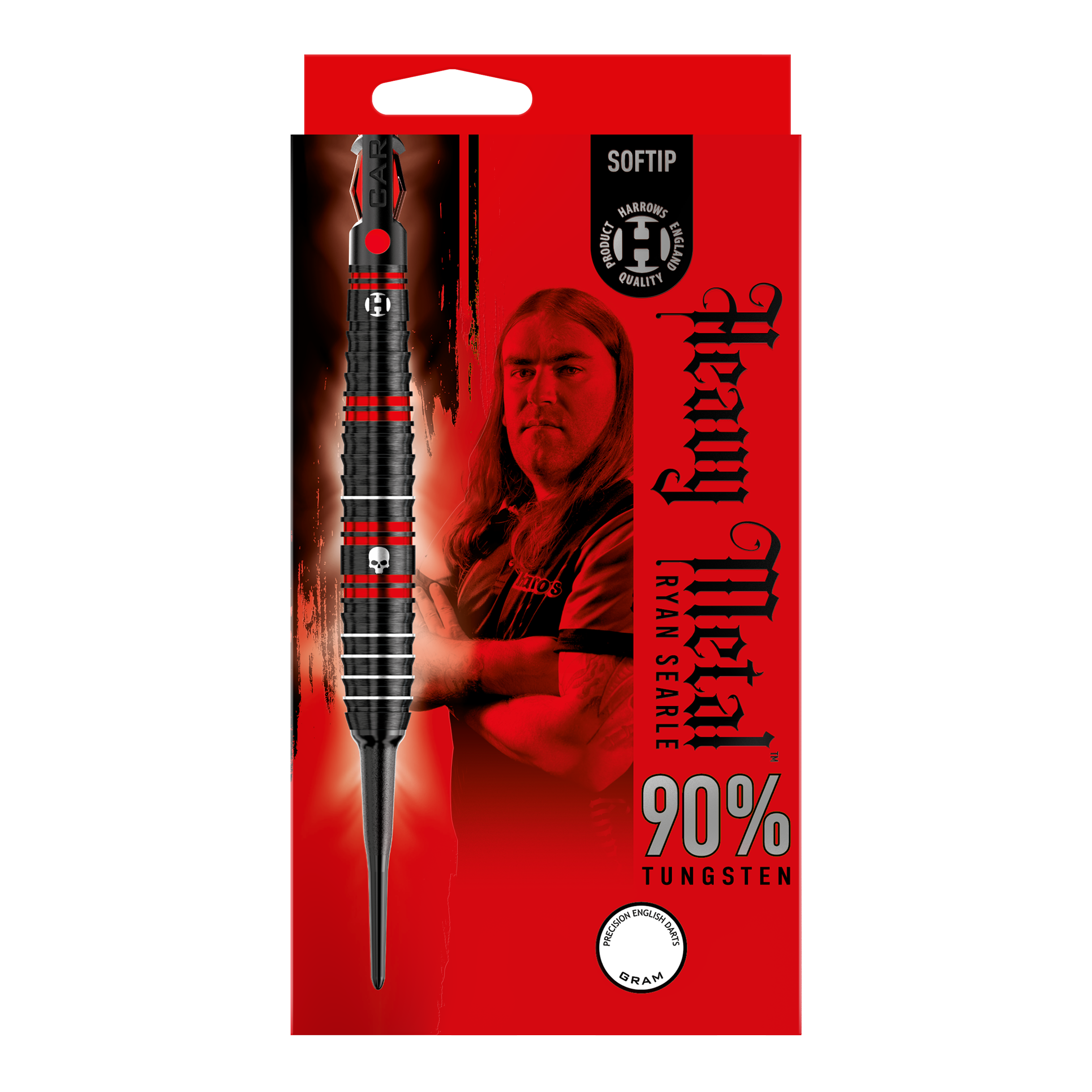 Dardos blandos de metal pesado Ryan Searle de Harrow Die Verpackung zeigt die Harrows Ryan Searle Heavy Metal Softdarts mit einem Bild von Ryan Searle. Das Design hebt 90% Tungsten und ein auffälliges rot-schwarzes Farbschema hervor.