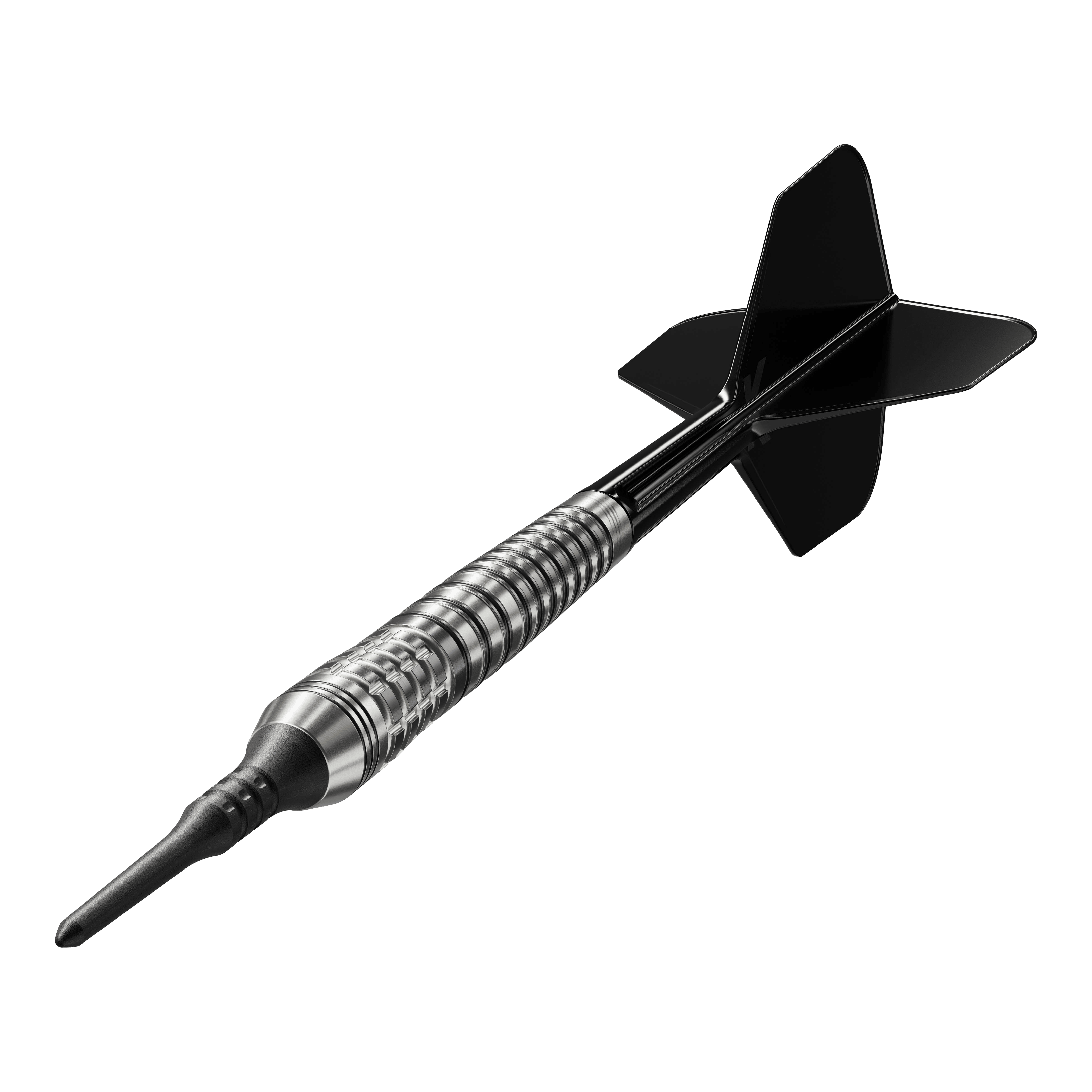 Das Bild zeigt einen Softdartpfeil mit schwarzer Spitze und schwarzen Flights. Es handelt sich um das Modell "Target Japan Black Marque Renegade 4 Softdarts - 19g".