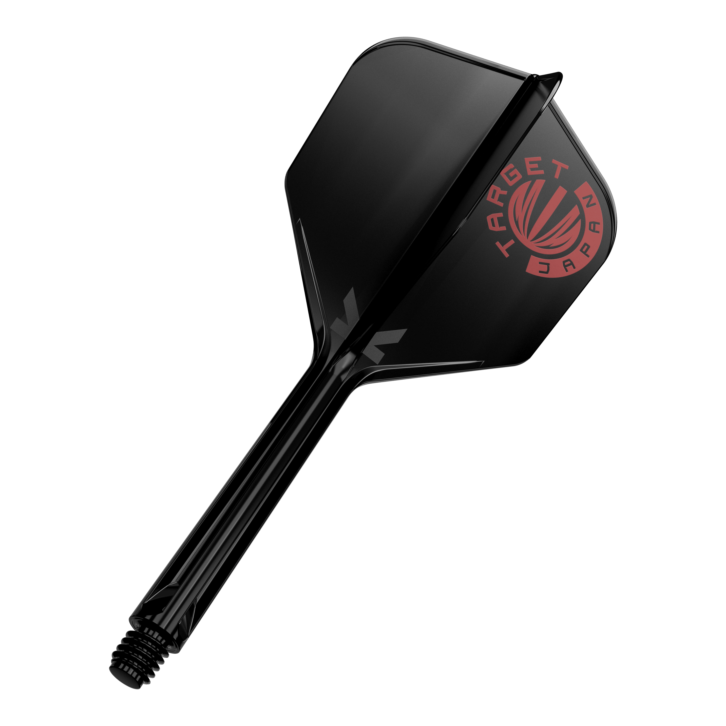 Target Japan K-Flex Logotipo original Rojo Negro No6 Sistema de eje de vuelo Das Bild zeigt einen schwarzen Dartshaft mit einer schwarzen Dartflügelfeder. Auf der Feder ist ein rotes Logo mit der Aufschrift "TARGET JAPAN" zu sehen.