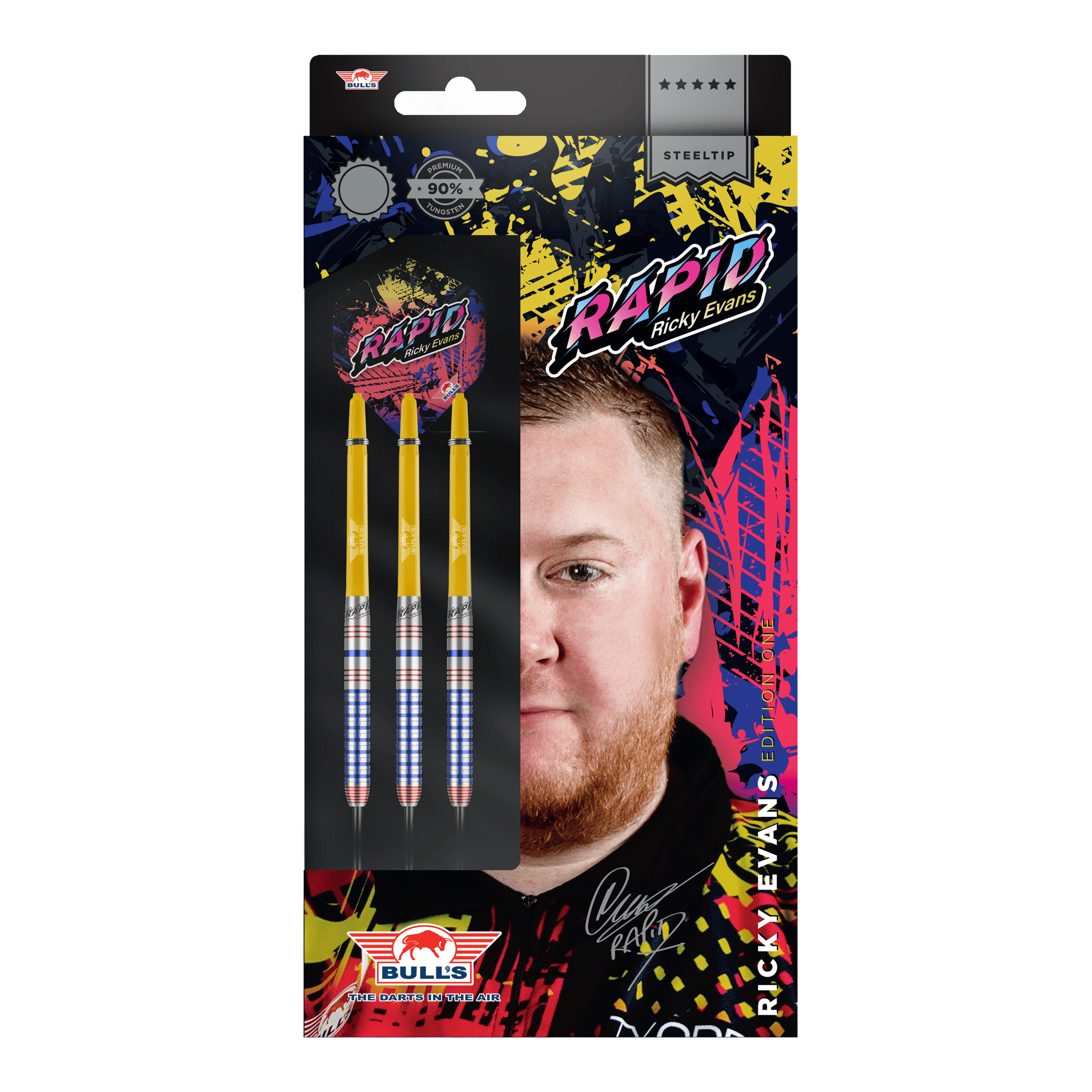 Dardos de acero Rapid Edition One de Ricky Evans de la Liga Nacional Bulls Die Abbildung zeigt die Verpackung der "Bulls NL Ricky Evans Rapid Edition One Steeldarts". Auf der Packung sind drei gelb-silberne Steeldarts und ein Porträt von Ricky Evans zu sehen.