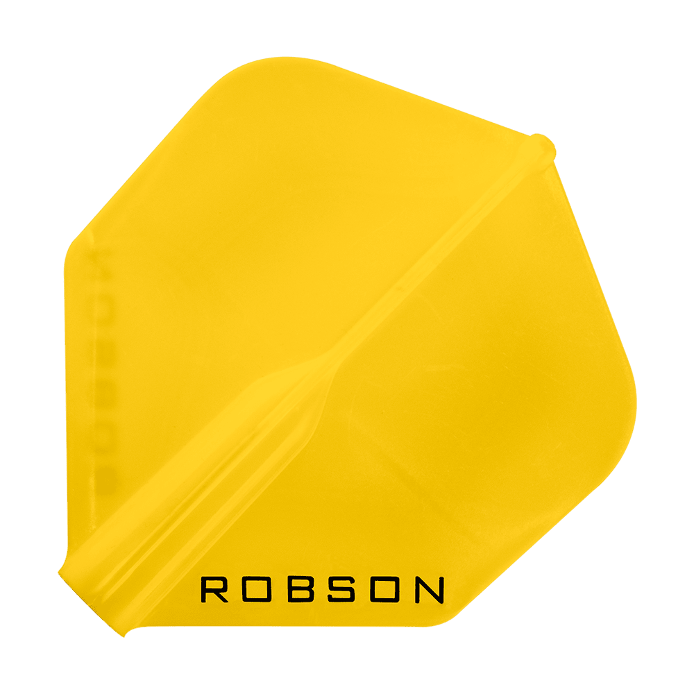 Robson Plus Standard Flights Das Bild zeigt ein gelbes Dartflight mit der Aufschrift "ROBSON". Das Flight hat eine Standardform und ist ein Zubehörteil für Darts.