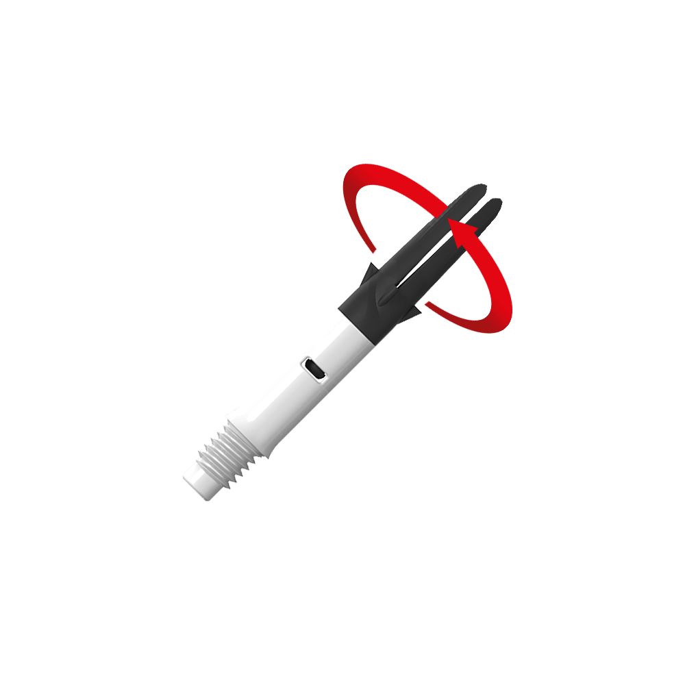 Flecha recta silenciosa de carbono estilo L - Blanca Das Bild zeigt einen weißen und schwarzen Dart-Schaft mit einem Gewinde am unteren Ende. Ein roter Pfeil deutet auf eine Drehbewegung des oberen Teils hin.
