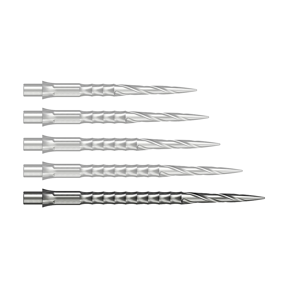 Puntas de dardos de acero Caliburn System - Spiro - NoLip - plateadas Die Abbildung stellt eine einzelne silberne Steeldartspitze aus dem Caliburn Evo System dar. Diese Spitze hat das Spiro NoLip Design und eine Länge von 40 mm.