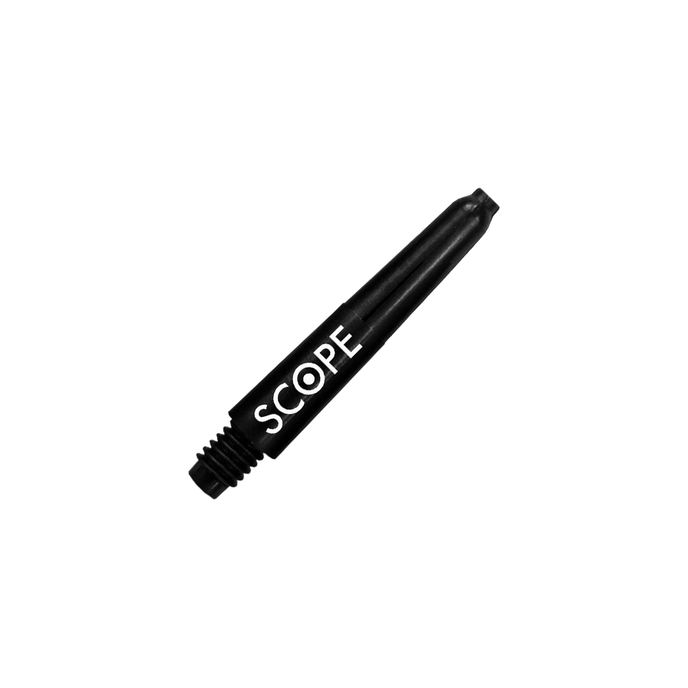 520_McDart_Scope_Nylon_Shafts_Schwarz_28mm_2 Das Bild zeigt einen schwarzen Nylon Dart-Schaft mit der Aufschrift „SCOPE“. Es handelt sich um das Produkt „McDart Scope Nylon Shafts“.