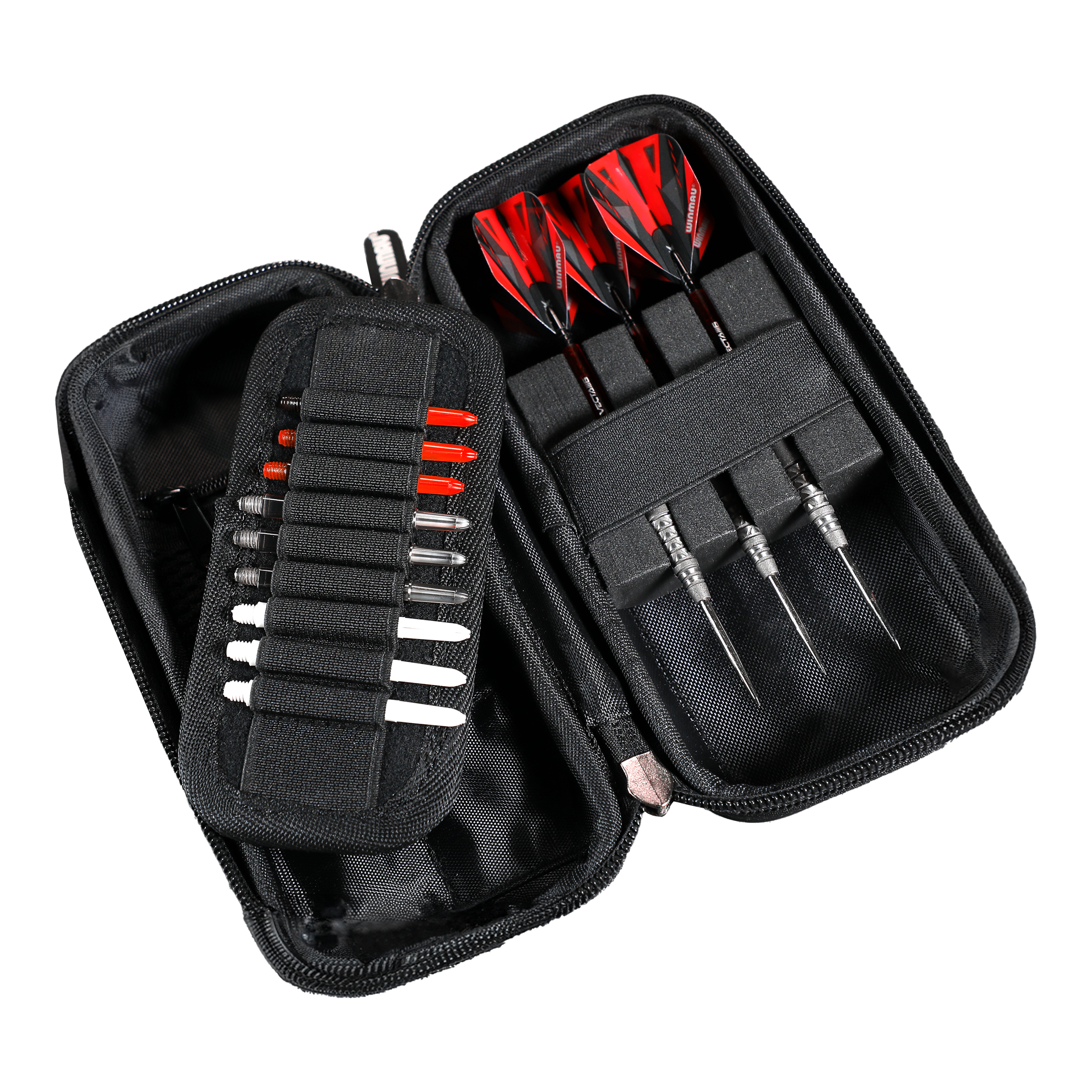 Cartera para dardos Winmau Armor G1 In diesem Bild ist ein offenes Dart-Etui zu sehen. Es enthält drei zusammengebaute Darts und mehrere Ersatzteile wie Spitzen und Flights.