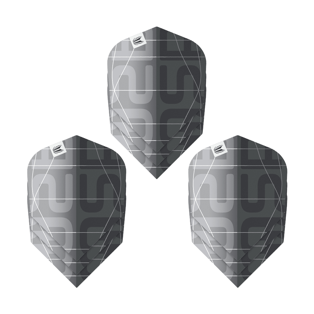 Plumas Target Pro Ultra Aspinall X Echo No6 - 3 juegos Das Bild zeigt drei Sätze der Target Pro Ultra Aspinall X Echo No6 Flights. Die Flights sind in einem modernen Schwarz-Grau-Design mit geometrischem Muster gehalten.